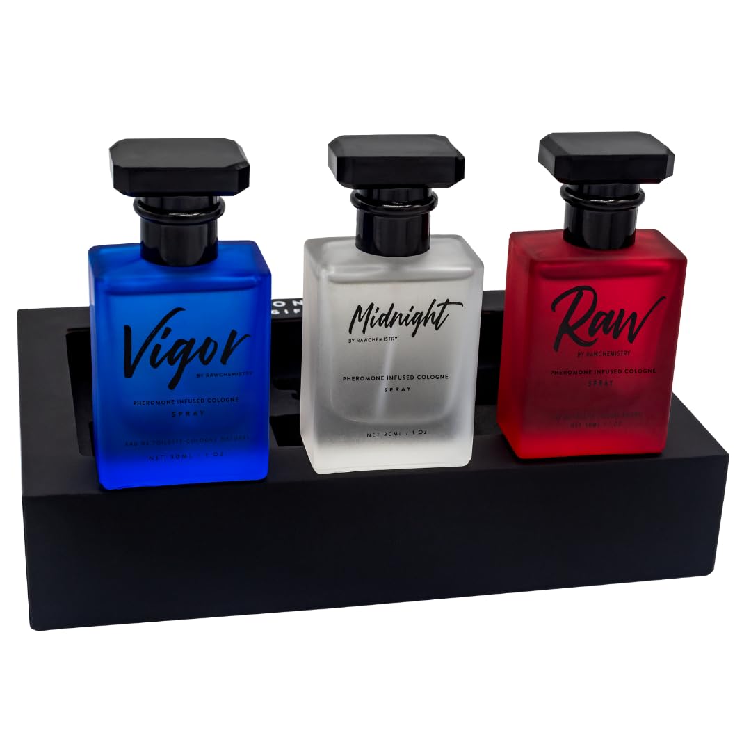 Pheromone Infused Cologne Men Set - Raw Vigor Midnight 3oz by RawChemistry | Premium Perfume for Men, Essential Fragrances, Luxury Perfumes for Men, Perfume Para Hombre, Body Spray for Men, Oil 1oz