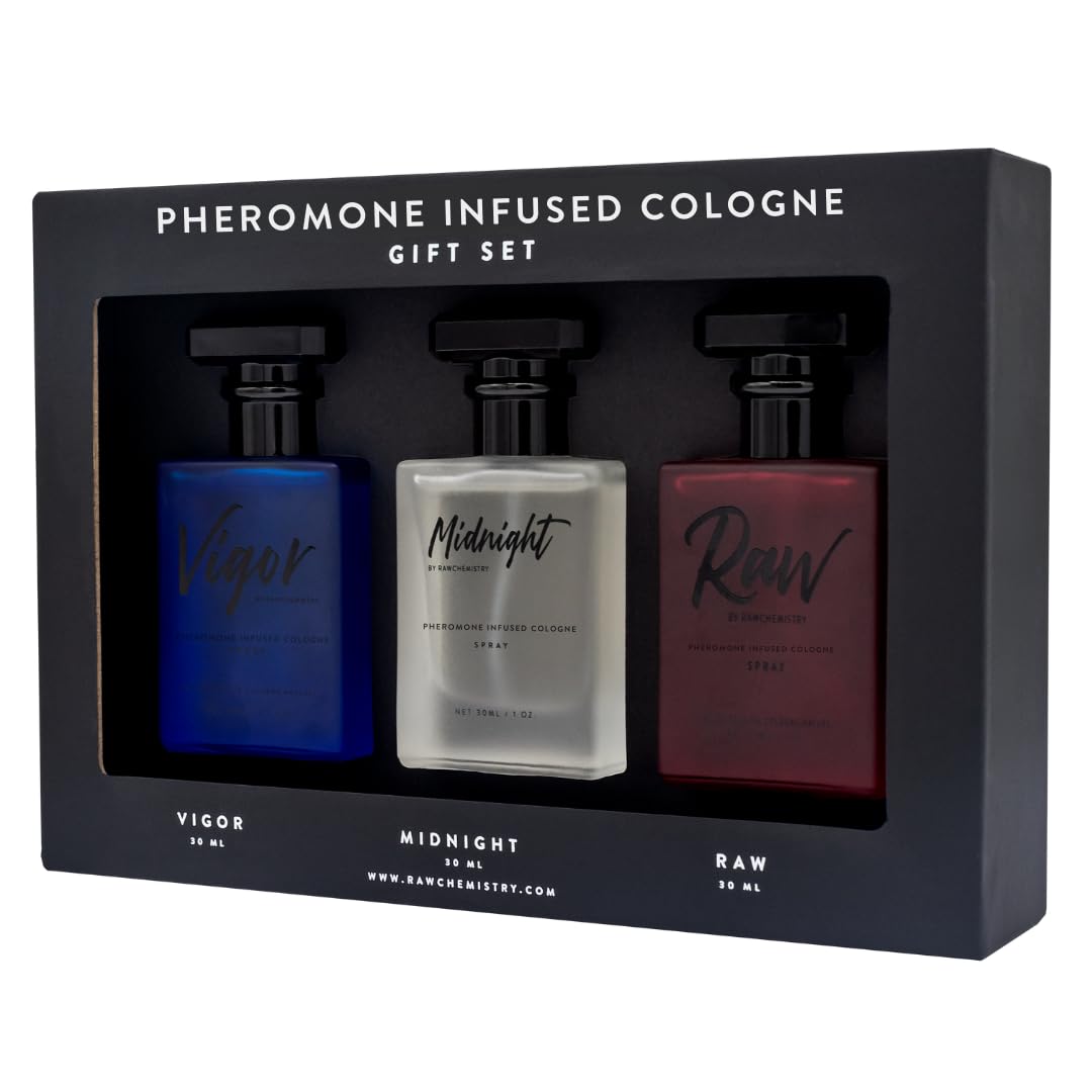 Pheromone Infused Cologne Men Set - Raw Vigor Midnight 3oz by RawChemistry | Premium Perfume for Men, Essential Fragrances, Luxury Perfumes for Men, Perfume Para Hombre, Body Spray for Men, Oil 1oz