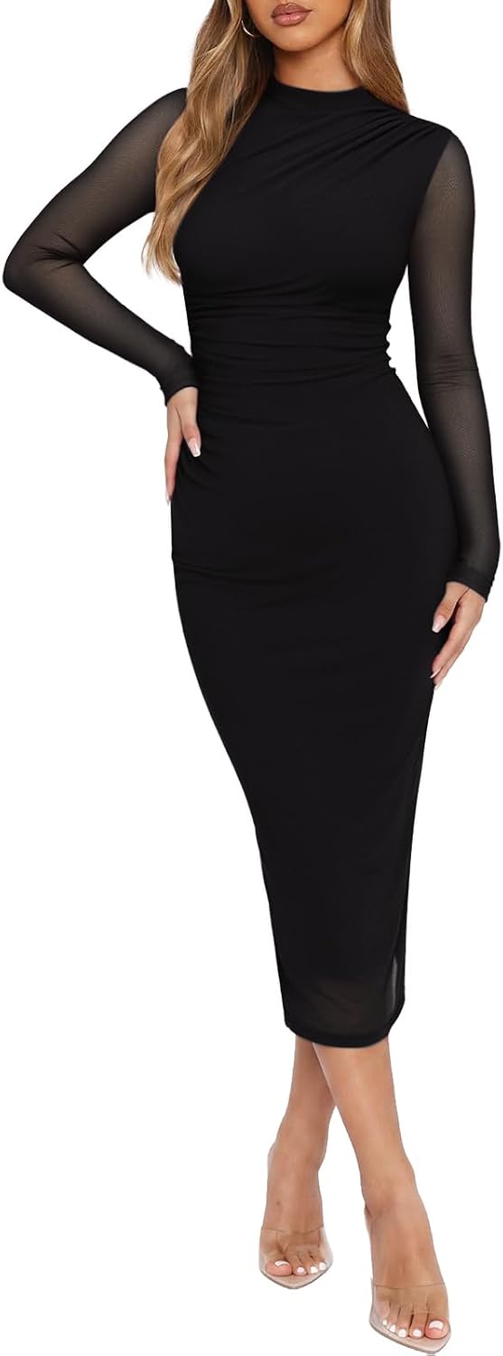 REORIA Mesh Sheer Long Sleeve Bodycon Midi Wedding Guest Dresses for Women | Mock Neck Dress, Elegant Party Cocktail Dresses, Formal Wedding Guest Outfits, Fall Winter Clothes,Ruched Dress
