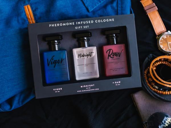 Pheromone Infused Cologne Men Set - Raw Vigor Midnight 3oz by RawChemistry | Premium Perfume for Men, Essential Fragrances, Luxury Perfumes for Men, Perfume Para Hombre, Body Spray for Men, Oil 1oz