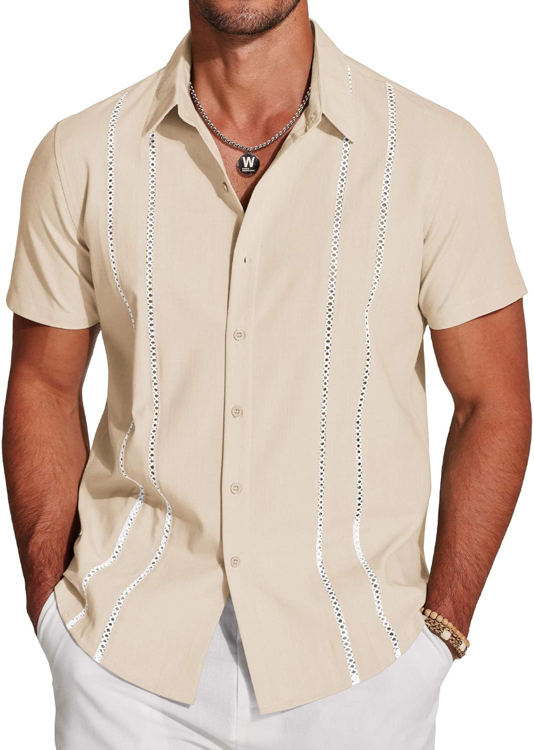 COOFANDY Men's Cuban Guayabera Shirt Short Sleeve Button Down Shirts Casual Summer Beach Linen Shirts
