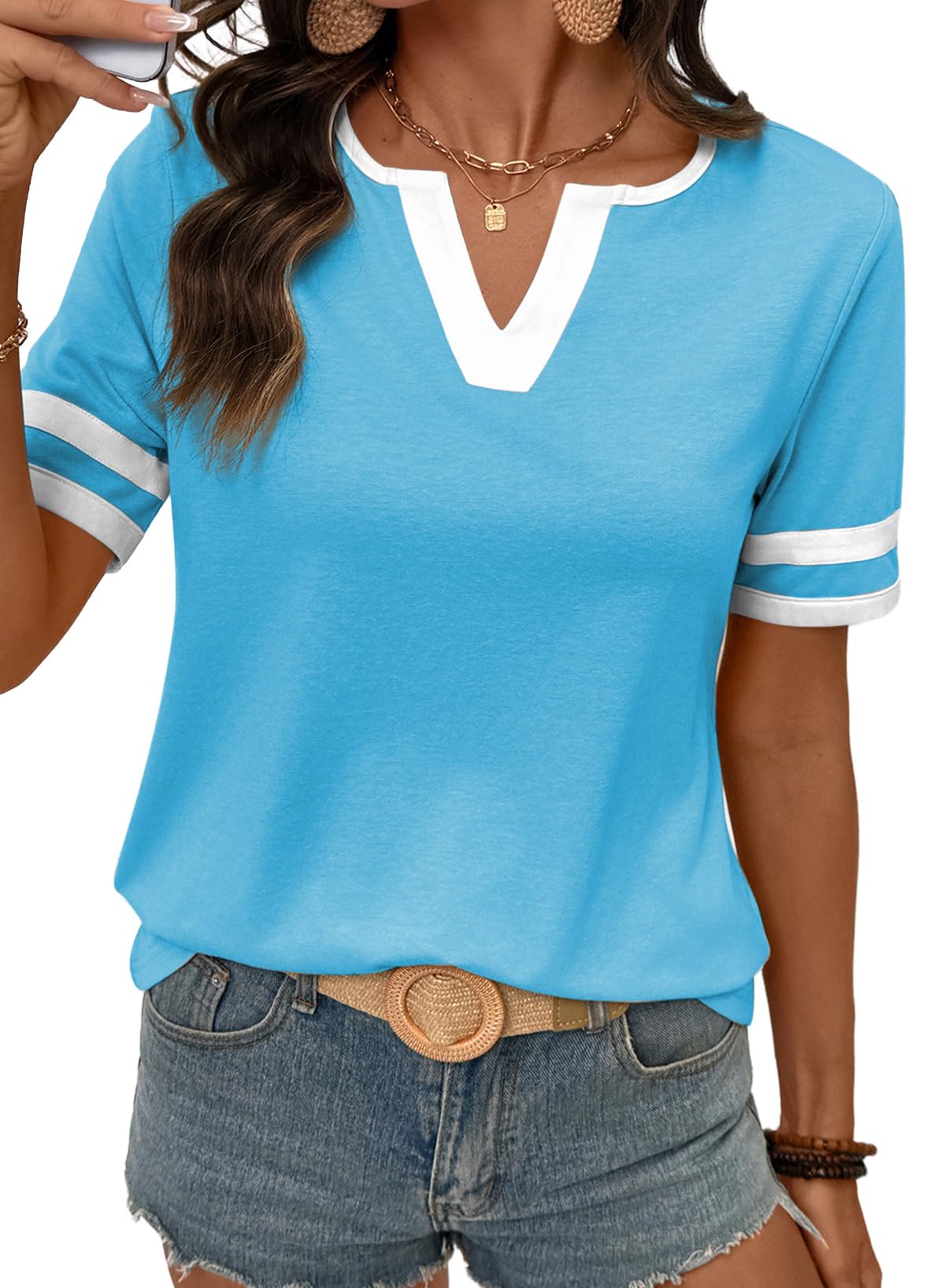 SHEWIN Women's Summer Tops Cotton V Neck Short Sleeve T-Shirts Colorblock Casual Tees 2026 Clothes