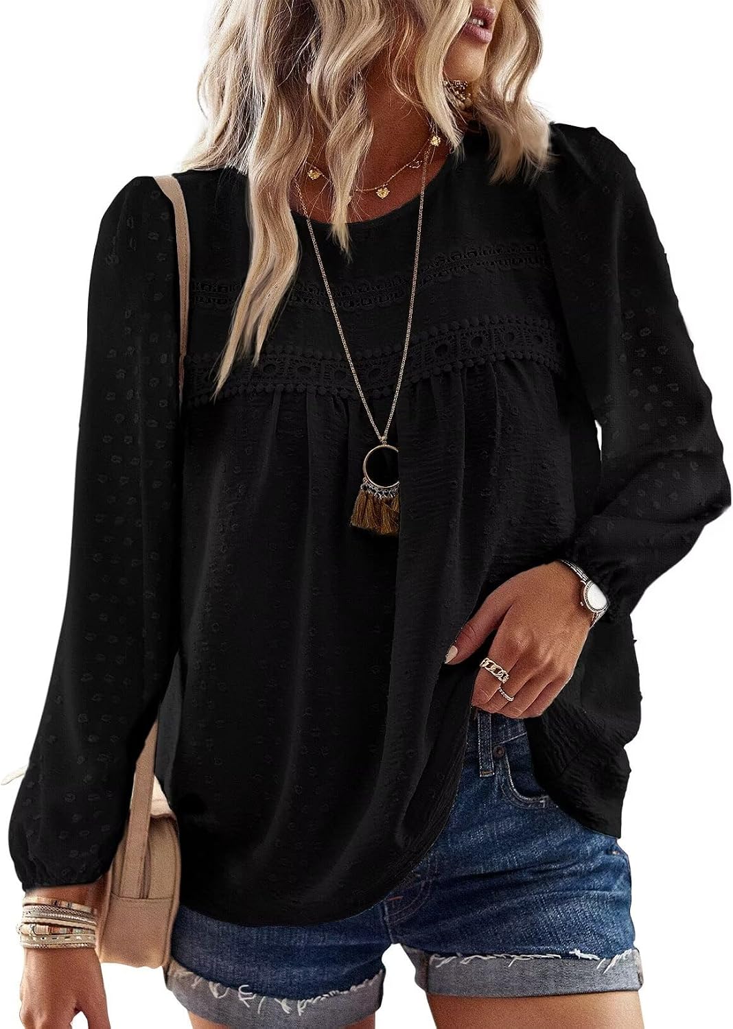 Falechay Boho Tops for Women Long Sleeve Shirts Crewneck Flowy Womens Blouses Dressy Casual Lace Hem Clothing Trendy 2026