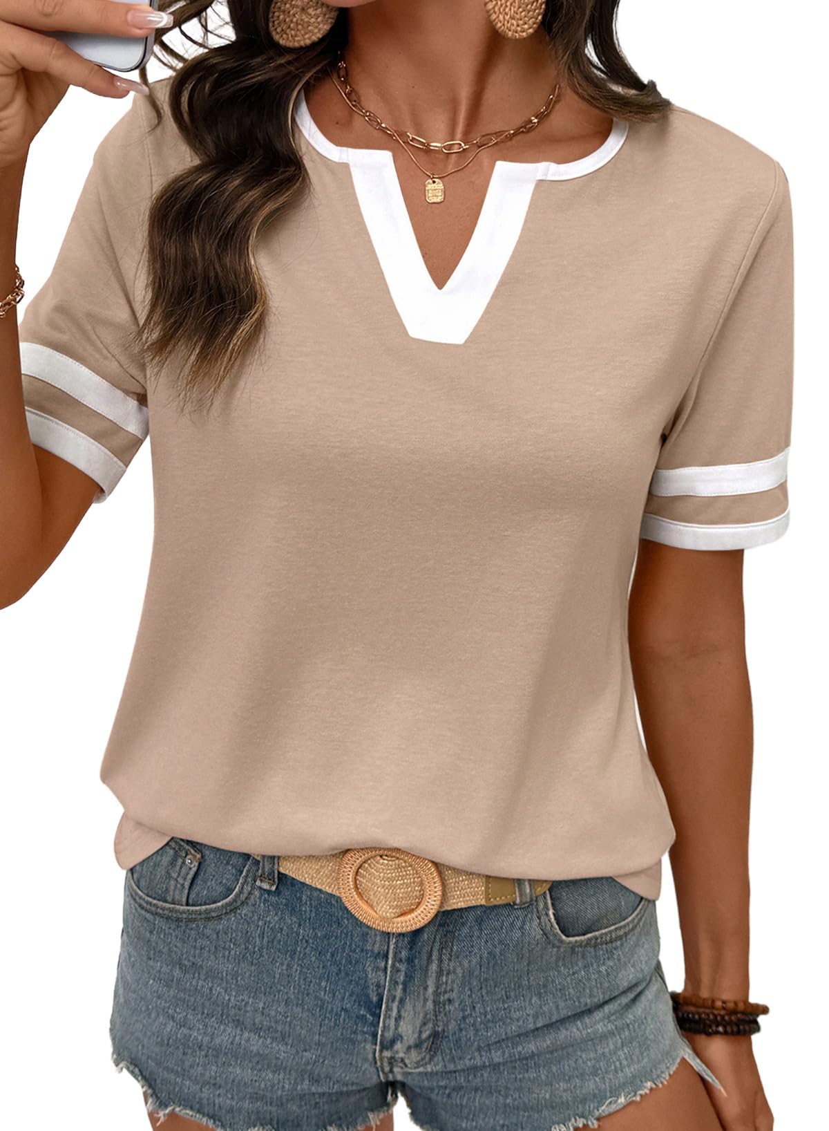 SHEWIN Women's Summer Tops Cotton V Neck Short Sleeve T-Shirts Colorblock Casual Tees 2026 Clothes