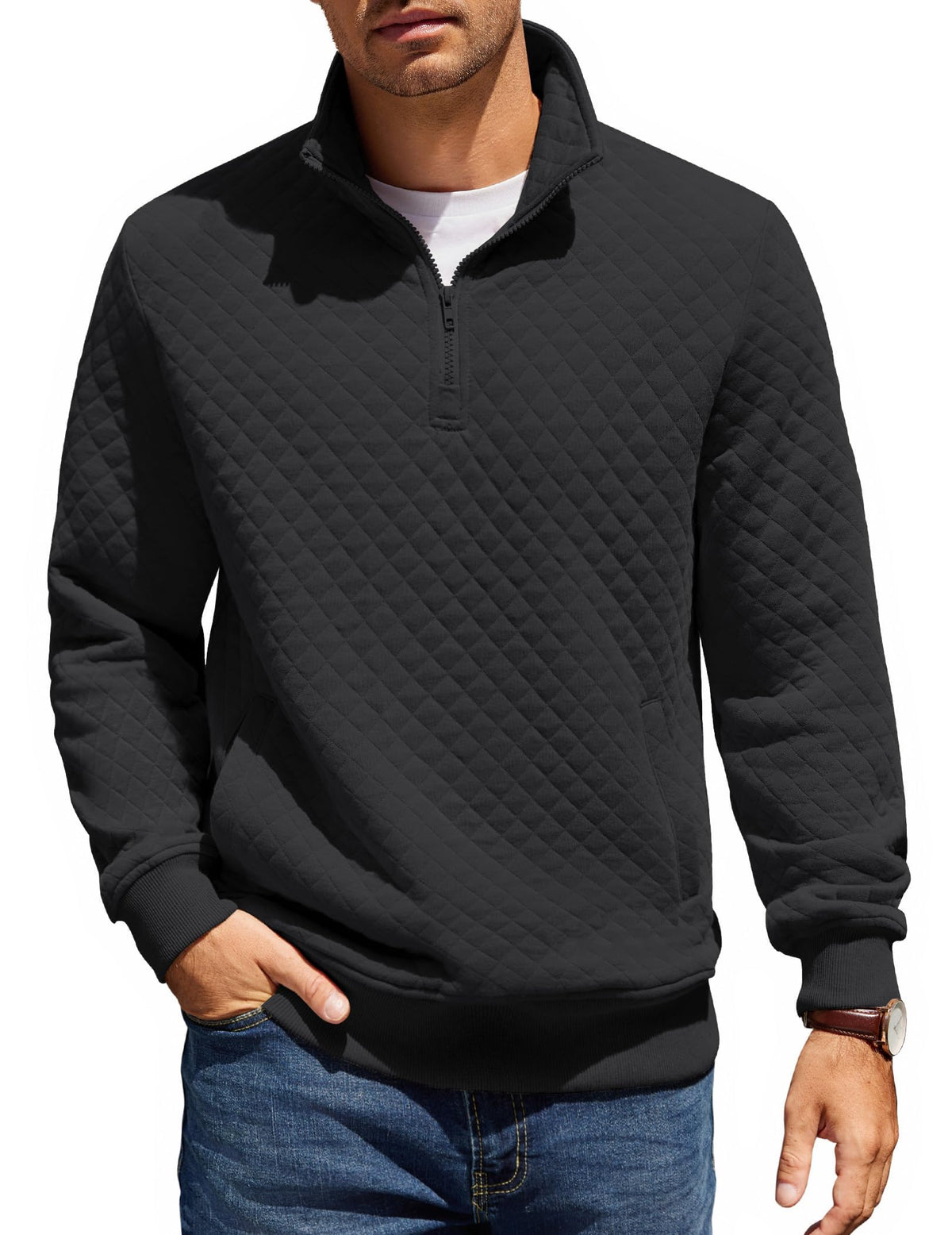 COOFANDY Mens Quarter Zip Pullover Sweatshirt Long Sleeve Mock Neck Sweater | Soft quilted fabric, quarter-zip mock neck, kangaroo pocket, ribbed cuffs; layers easily, machine washable, great gift