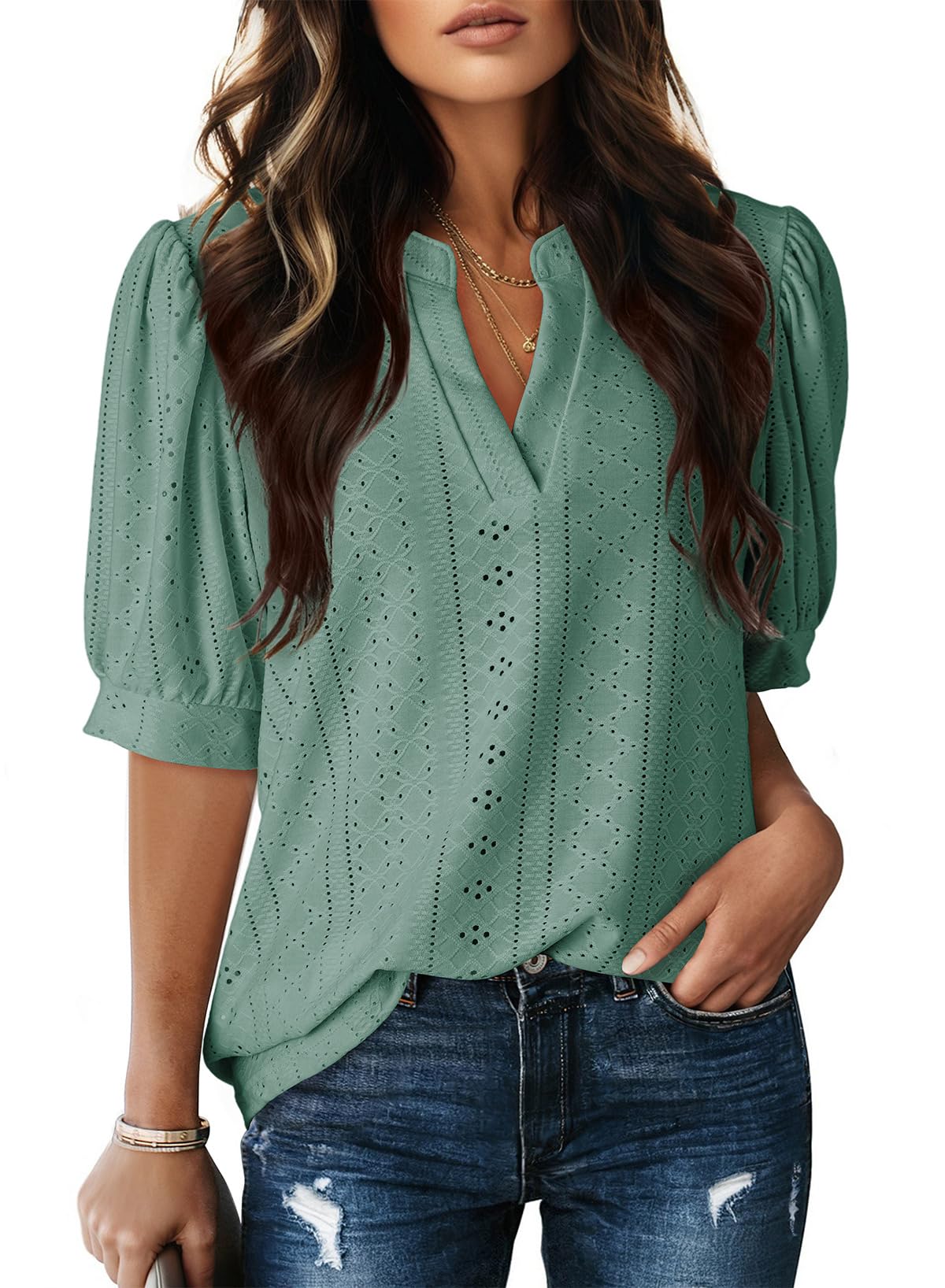 Dokotoo Womens Summer Business Casual Blouses V Neck Short Sleeve Shirts Eyelet Cute Lace Tops