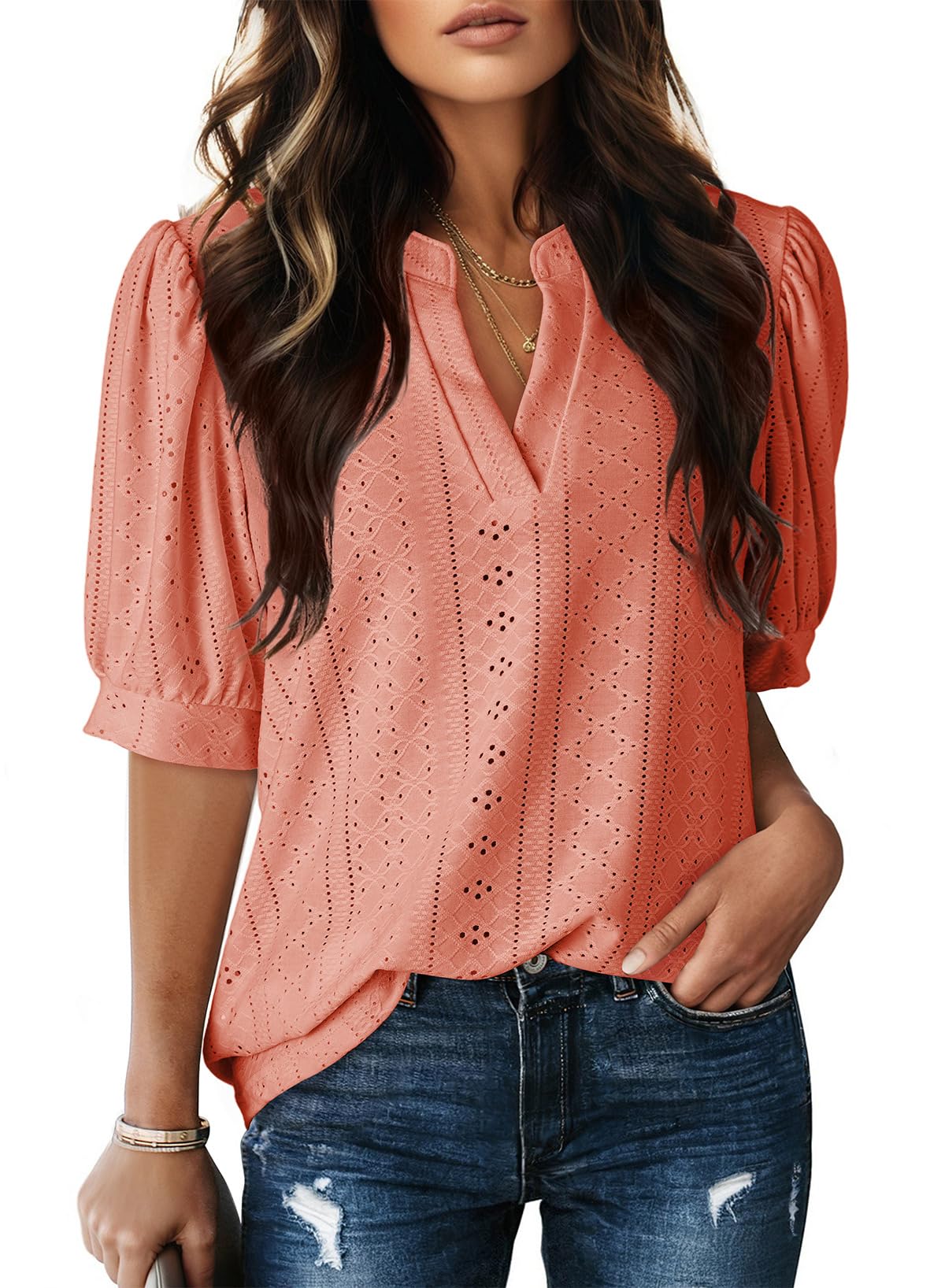 Dokotoo Womens Summer Business Casual Blouses V Neck Short Sleeve Shirts Eyelet Cute Lace Tops