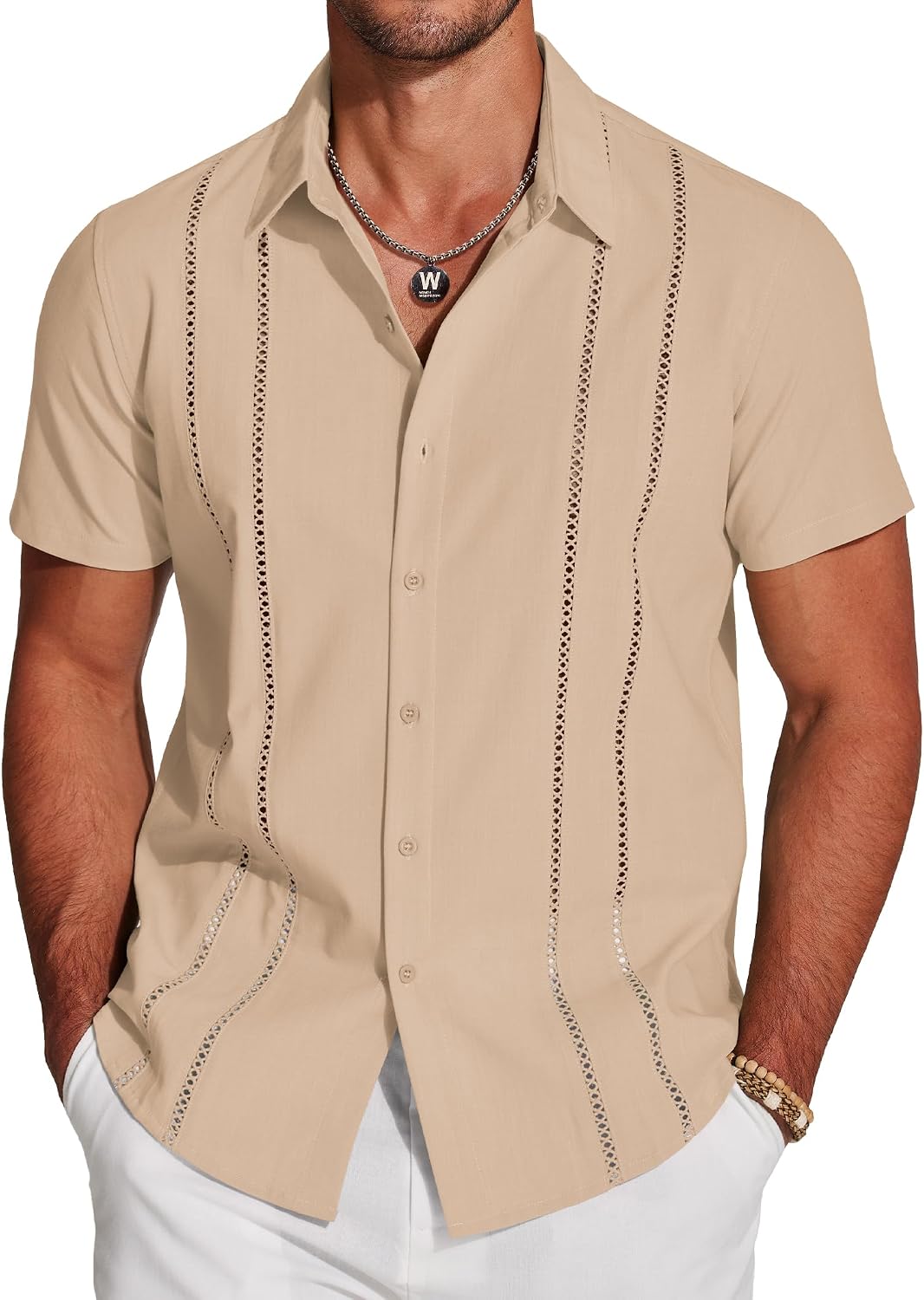 COOFANDY Men's Cuban Guayabera Shirt Short Sleeve Button Down Shirts Casual Summer Beach Linen Shirts