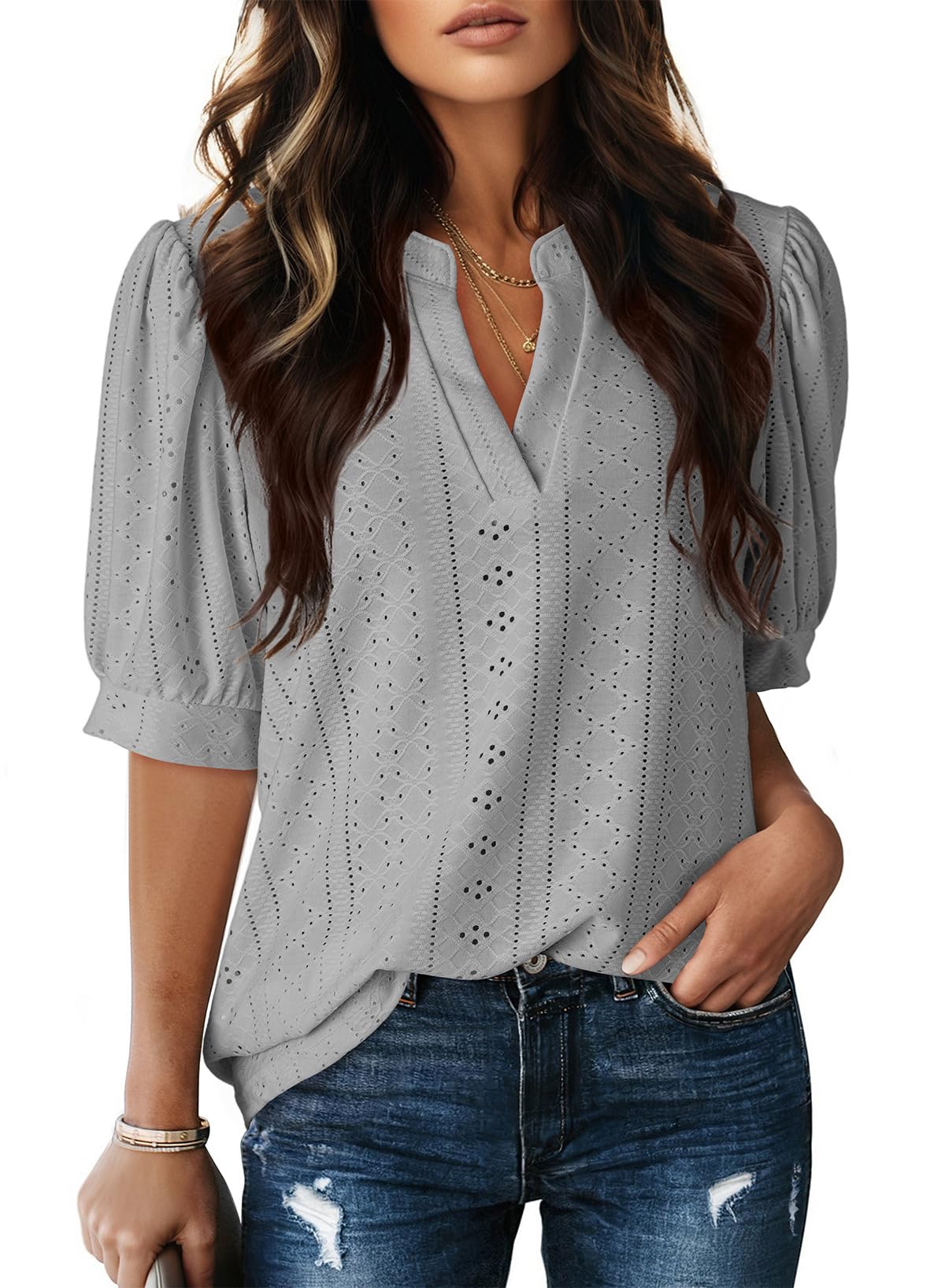 Dokotoo Womens Summer Business Casual Blouses V Neck Short Sleeve Shirts Eyelet Cute Lace Tops