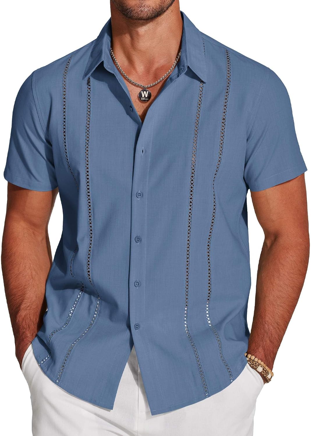 COOFANDY Men's Cuban Guayabera Shirt Short Sleeve Button Down Shirts Casual Summer Beach Linen Shirts