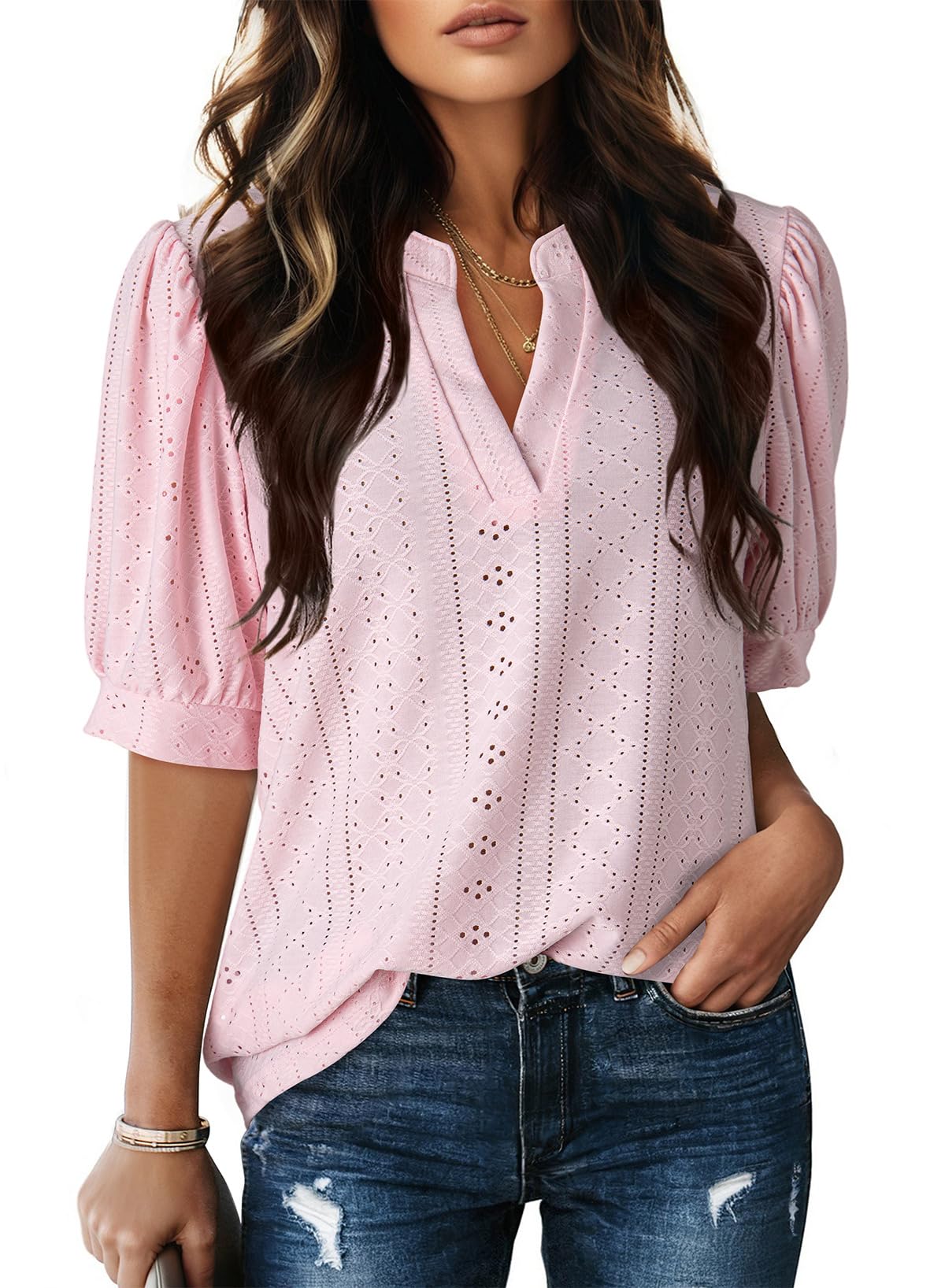 Dokotoo Womens Summer Business Casual Blouses V Neck Short Sleeve Shirts Eyelet Cute Lace Tops