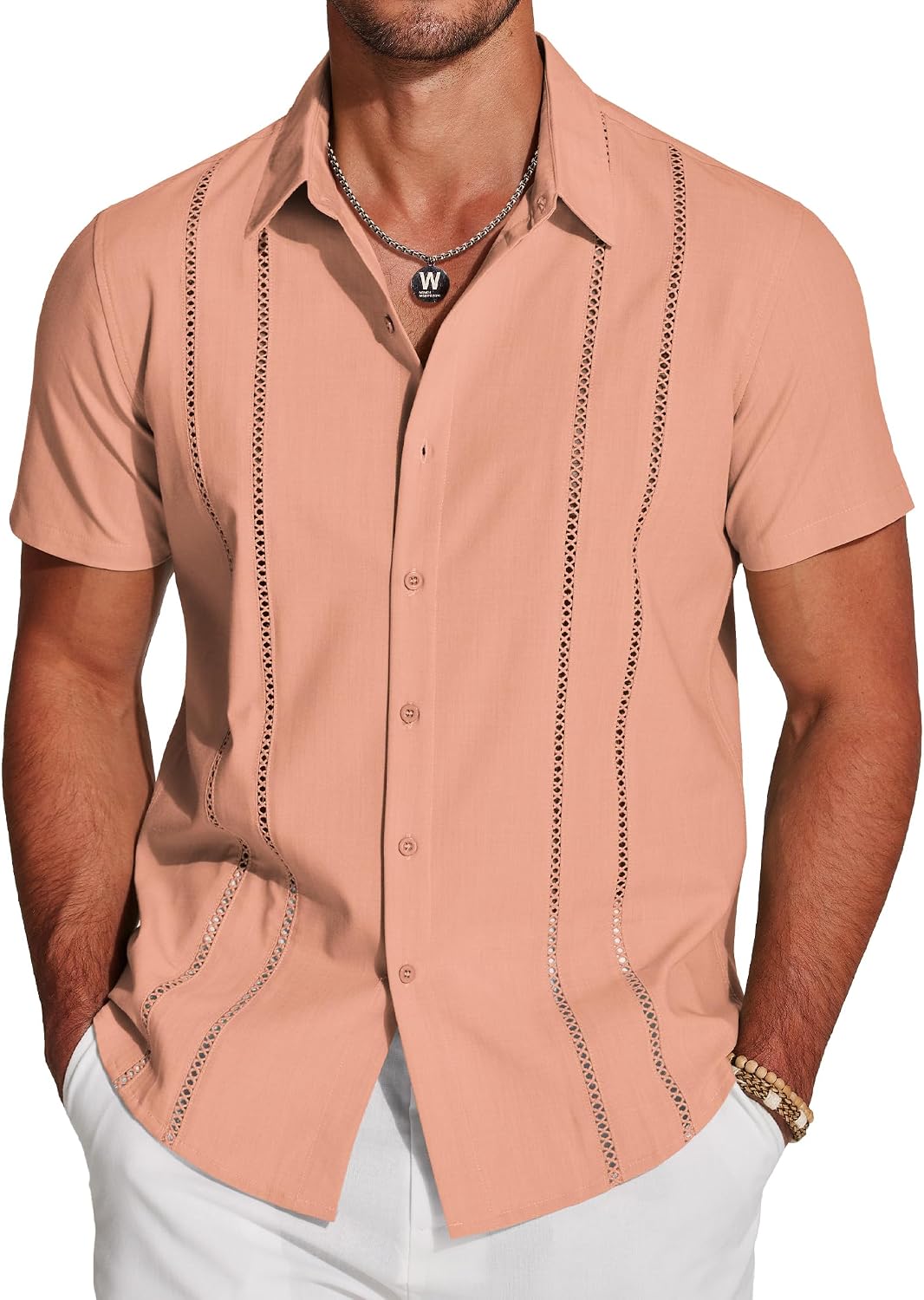 COOFANDY Men's Cuban Guayabera Shirt Short Sleeve Button Down Shirts Casual Summer Beach Linen Shirts