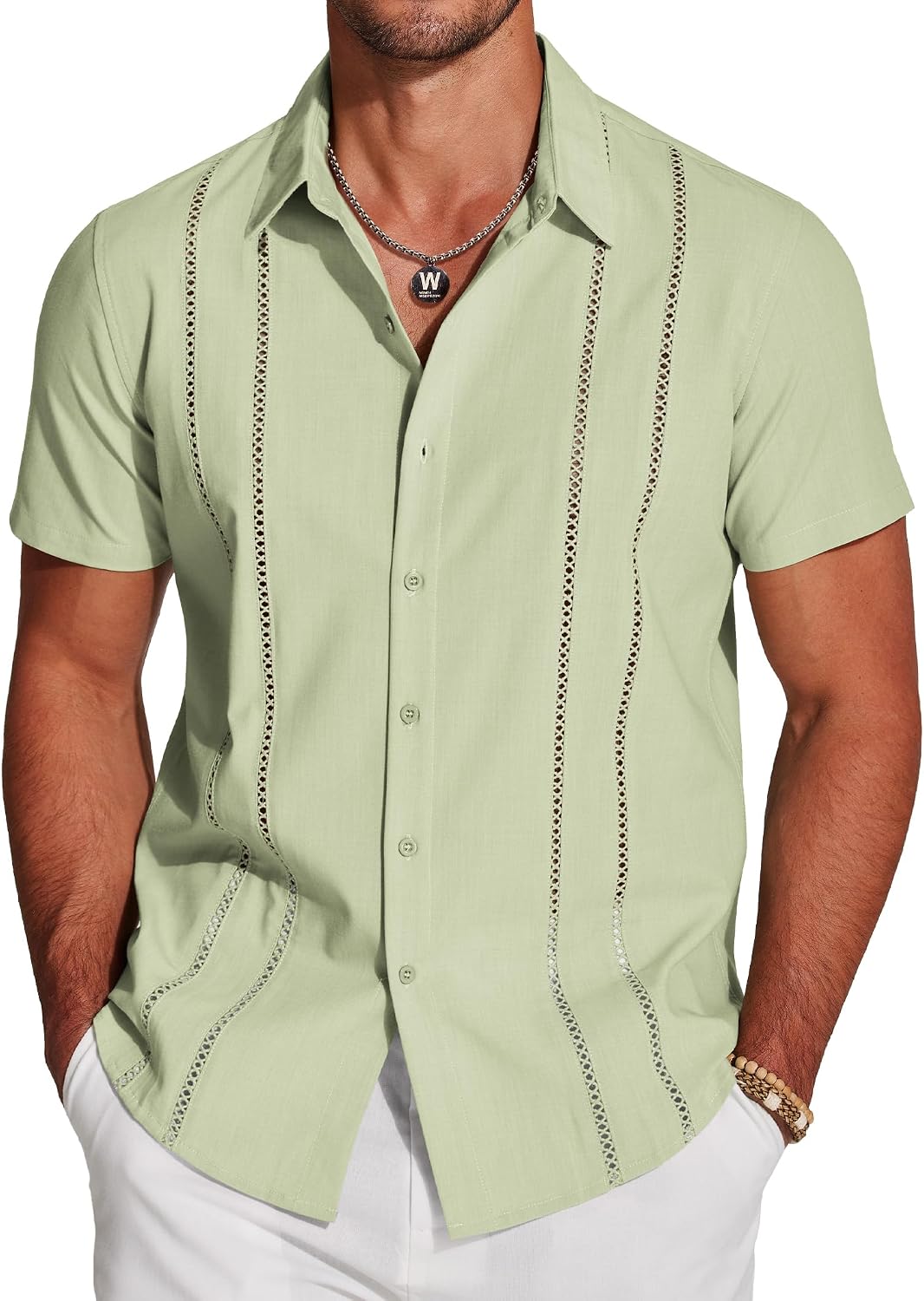 COOFANDY Men's Cuban Guayabera Shirt Short Sleeve Button Down Shirts Casual Summer Beach Linen Shirts