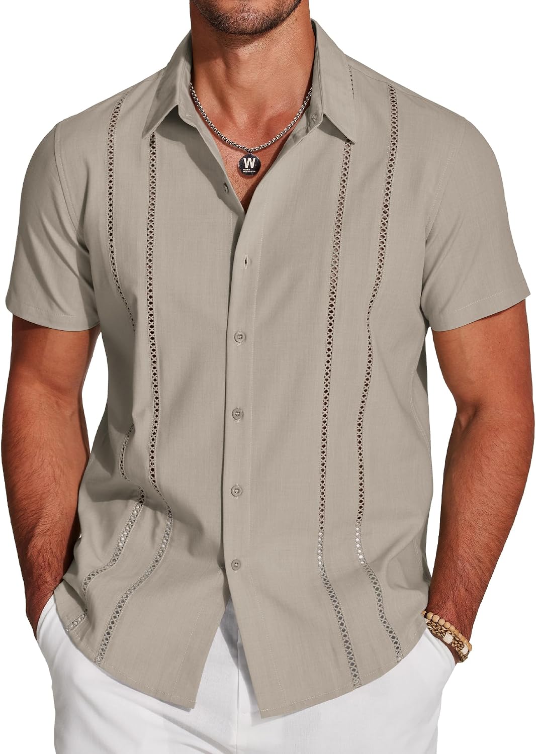 COOFANDY Men's Cuban Guayabera Shirt Short Sleeve Button Down Shirts Casual Summer Beach Linen Shirts