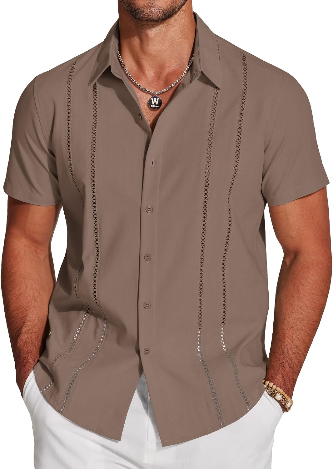 COOFANDY Men's Cuban Guayabera Shirt Short Sleeve Button Down Shirts Casual Summer Beach Linen Shirts