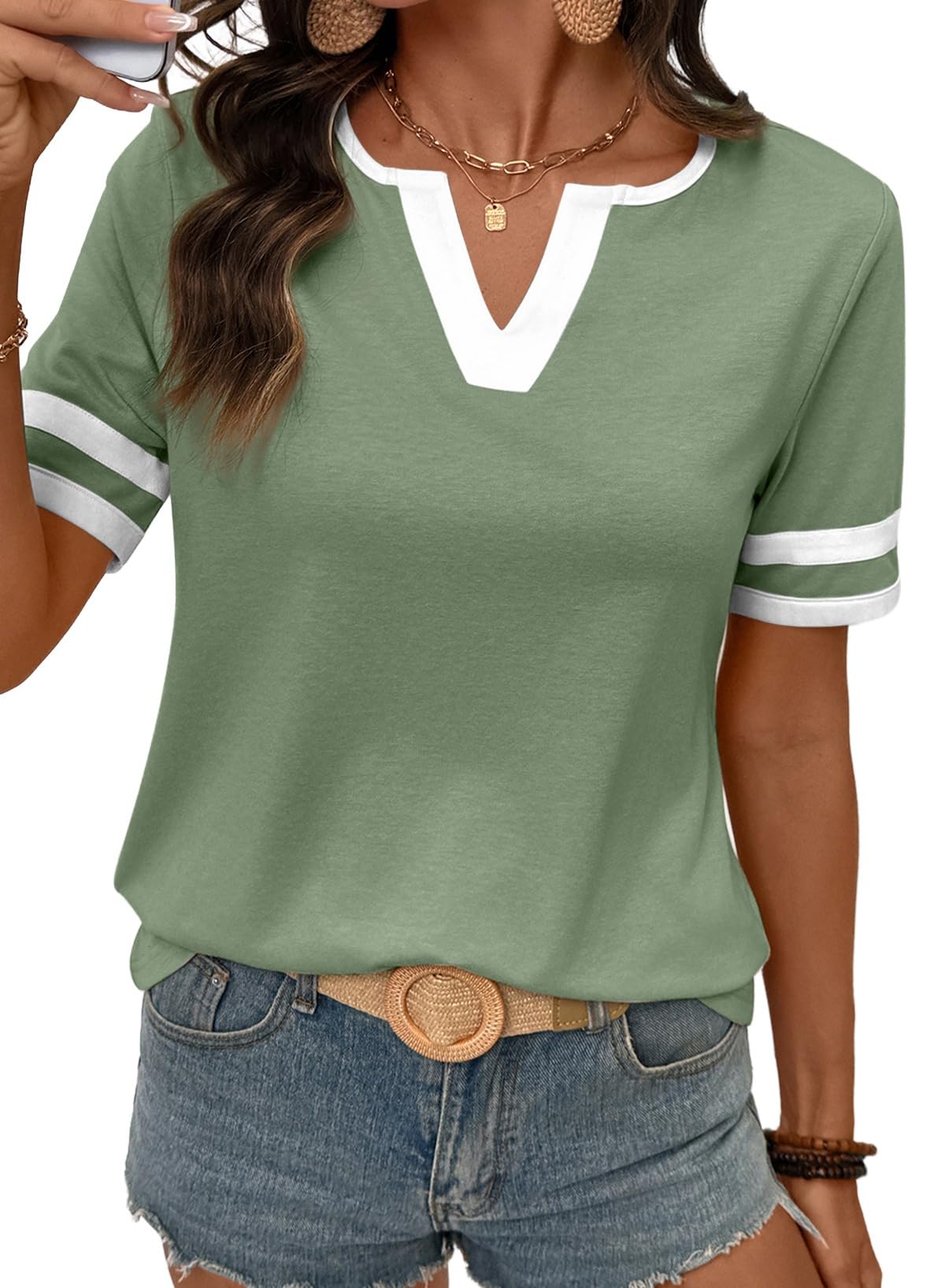 SHEWIN Women's Summer Tops Cotton V Neck Short Sleeve T-Shirts Colorblock Casual Tees 2026 Clothes