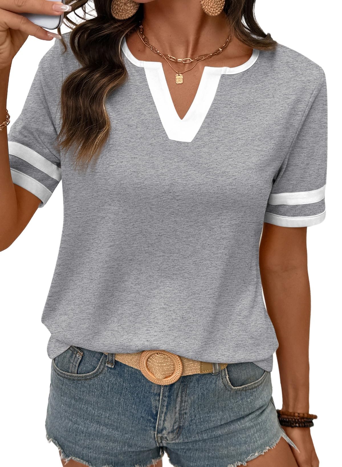 SHEWIN Women's Summer Tops Cotton V Neck Short Sleeve T-Shirts Colorblock Casual Tees 2026 Clothes