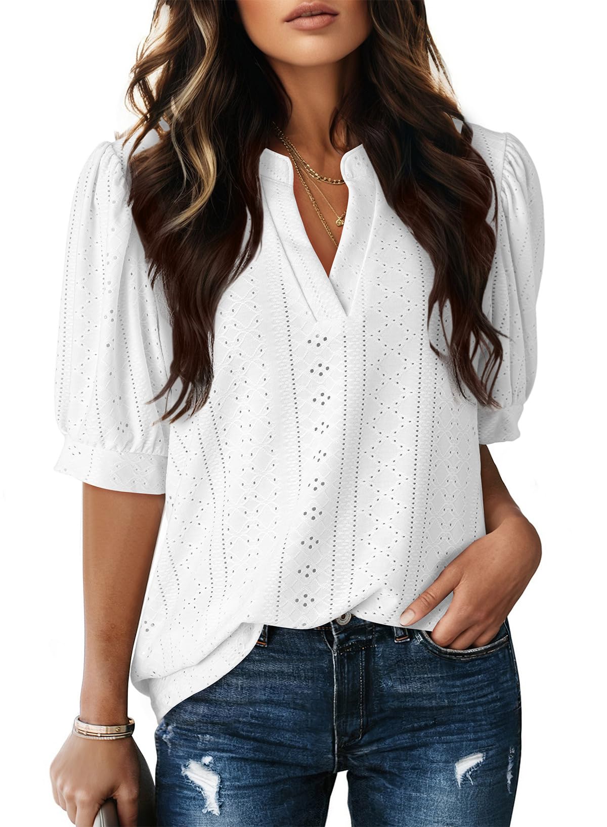 Dokotoo Womens Summer Business Casual Blouses V Neck Short Sleeve Shirts Eyelet Cute Lace Tops