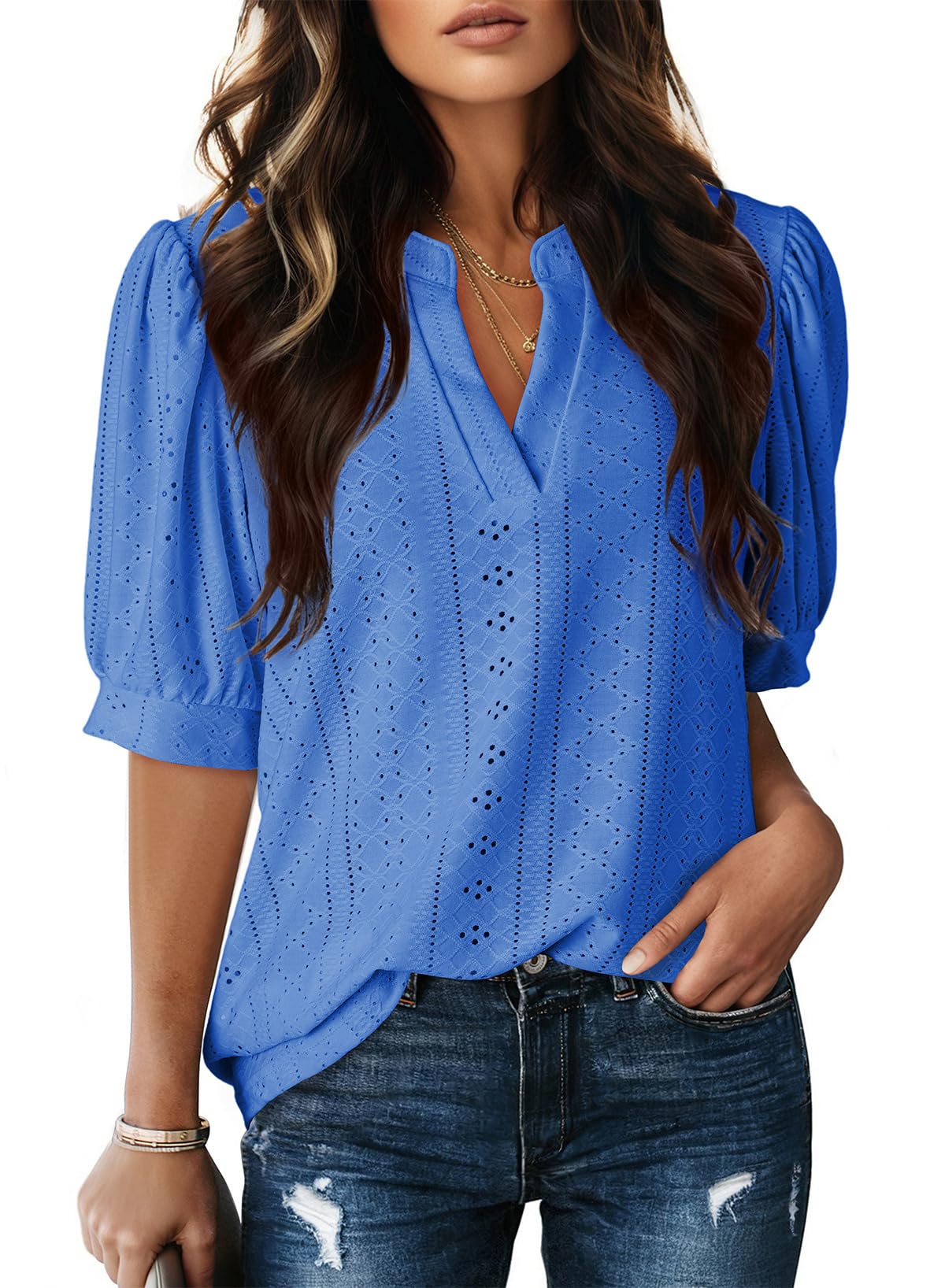 Dokotoo Womens Summer Business Casual Blouses V Neck Short Sleeve Shirts Eyelet Cute Lace Tops