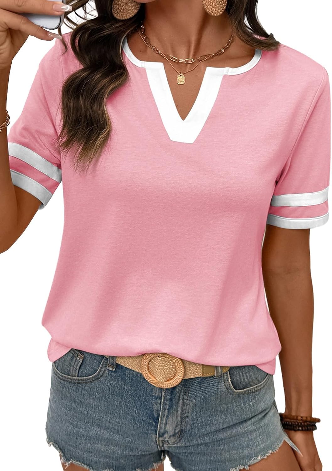 SHEWIN Women's Summer Tops Cotton V Neck Short Sleeve T-Shirts Colorblock Casual Tees 2026 Clothes