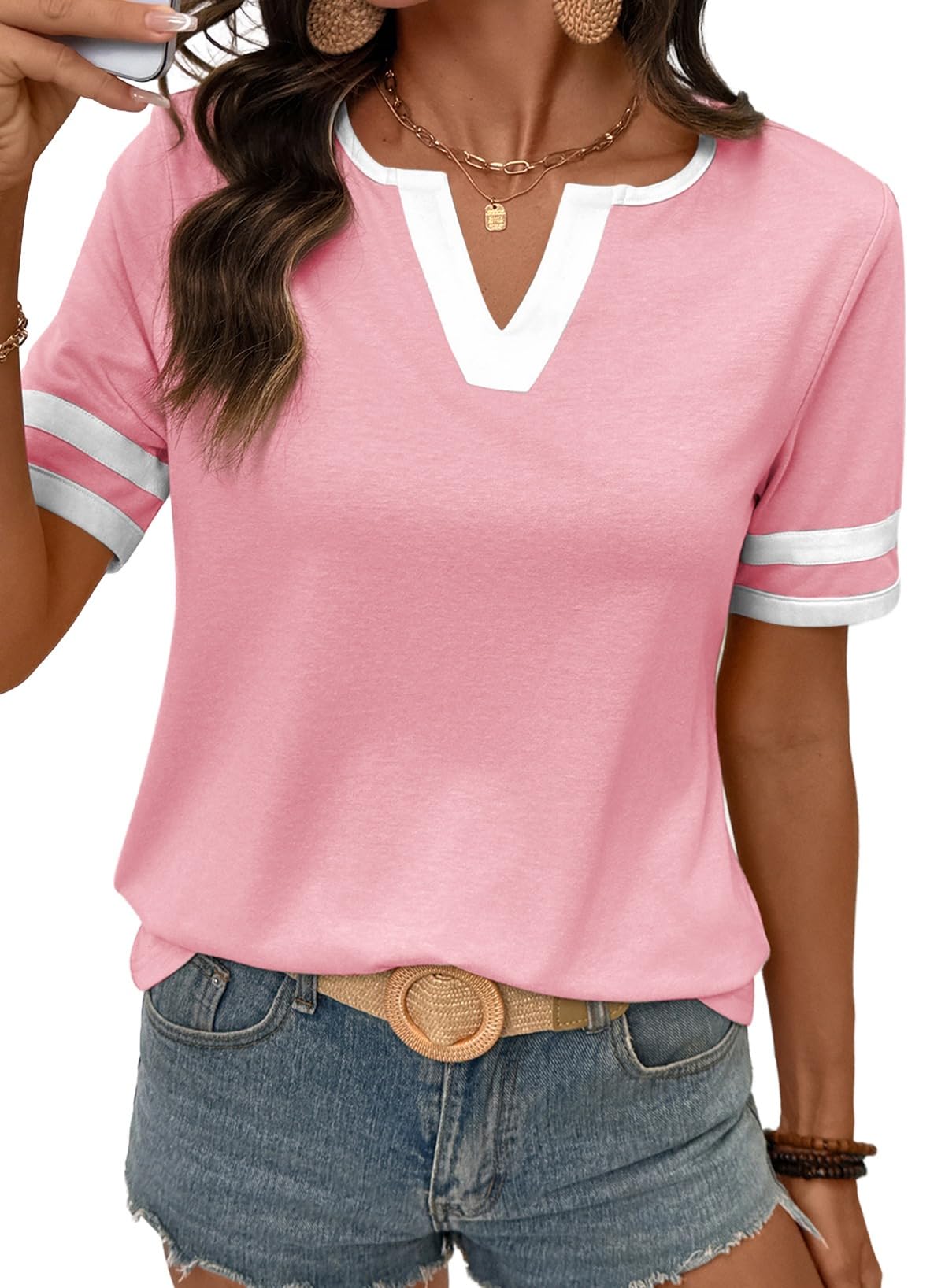 SHEWIN Women's Summer Tops Cotton V Neck Short Sleeve T-Shirts Colorblock Casual Tees 2026 Clothes