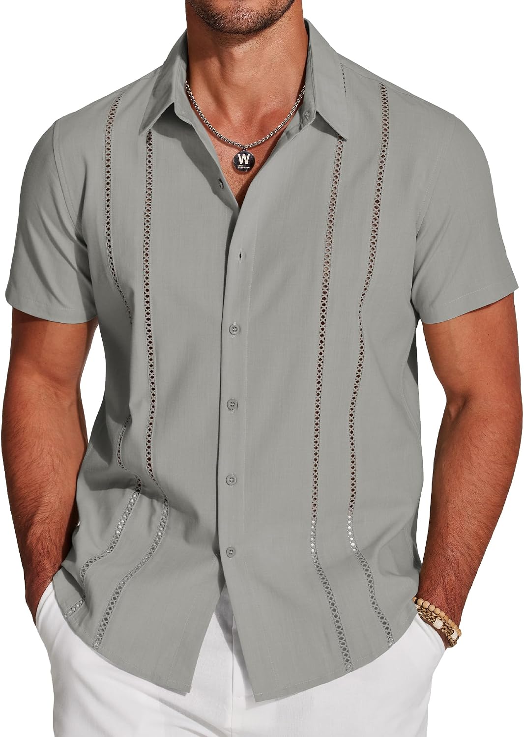 COOFANDY Men's Cuban Guayabera Shirt Short Sleeve Button Down Shirts Casual Summer Beach Linen Shirts