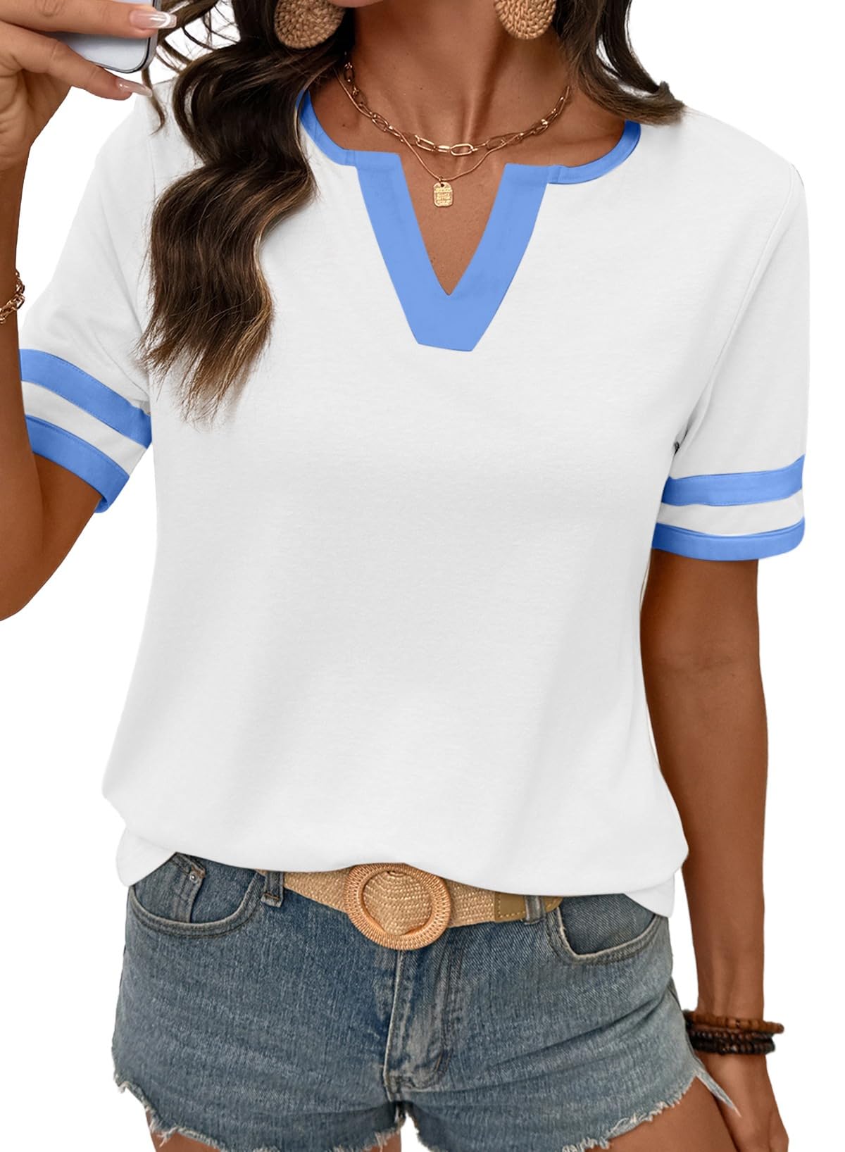 SHEWIN Women's Summer Tops Cotton V Neck Short Sleeve T-Shirts Colorblock Casual Tees 2026 Clothes