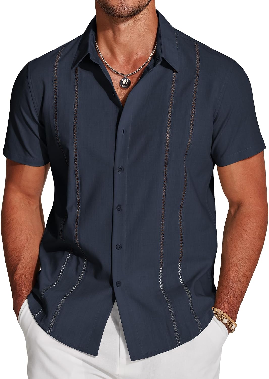 COOFANDY Men's Cuban Guayabera Shirt Short Sleeve Button Down Shirts Casual Summer Beach Linen Shirts