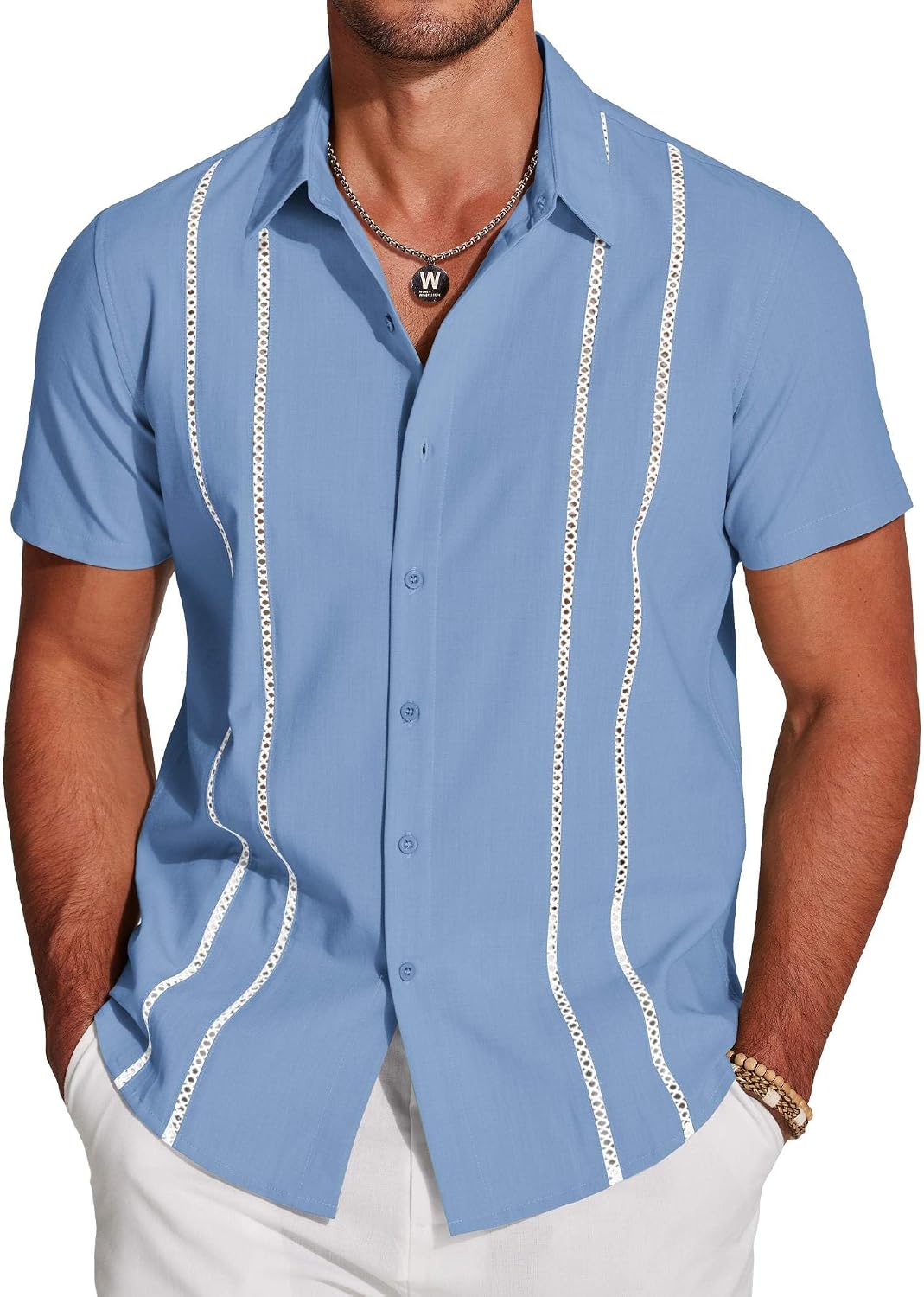 COOFANDY Men's Cuban Guayabera Shirt Short Sleeve Button Down Shirts Casual Summer Beach Linen Shirts