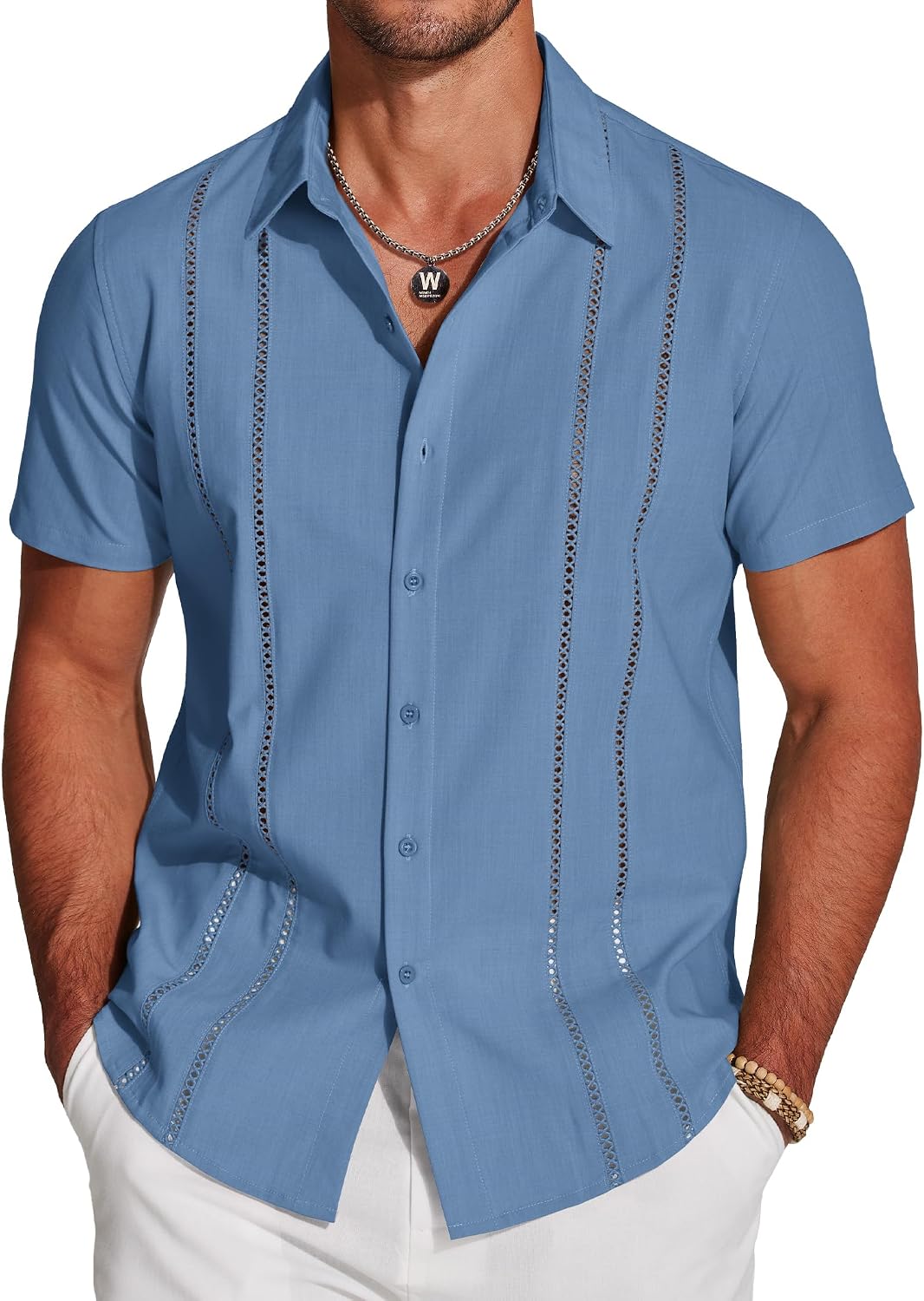 COOFANDY Men's Cuban Guayabera Shirt Short Sleeve Button Down Shirts Casual Summer Beach Linen Shirts