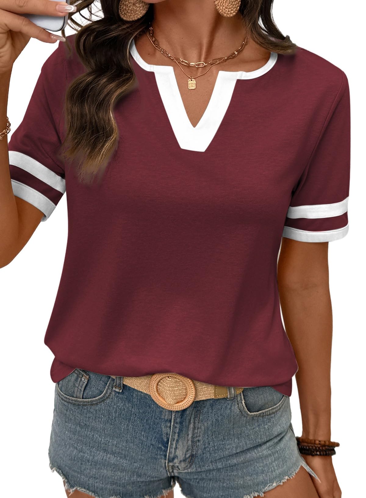 SHEWIN Women's Summer Tops Cotton V Neck Short Sleeve T-Shirts Colorblock Casual Tees 2026 Clothes