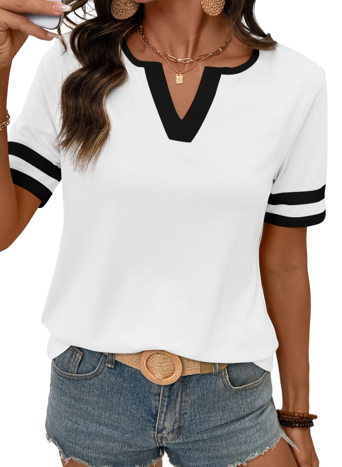 SHEWIN Women's Summer Tops Cotton V Neck Short Sleeve T-Shirts Colorblock Casual Tees 2026 Clothes