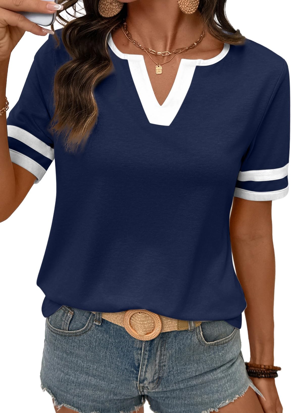SHEWIN Women's Summer Tops Cotton V Neck Short Sleeve T-Shirts Colorblock Casual Tees 2026 Clothes