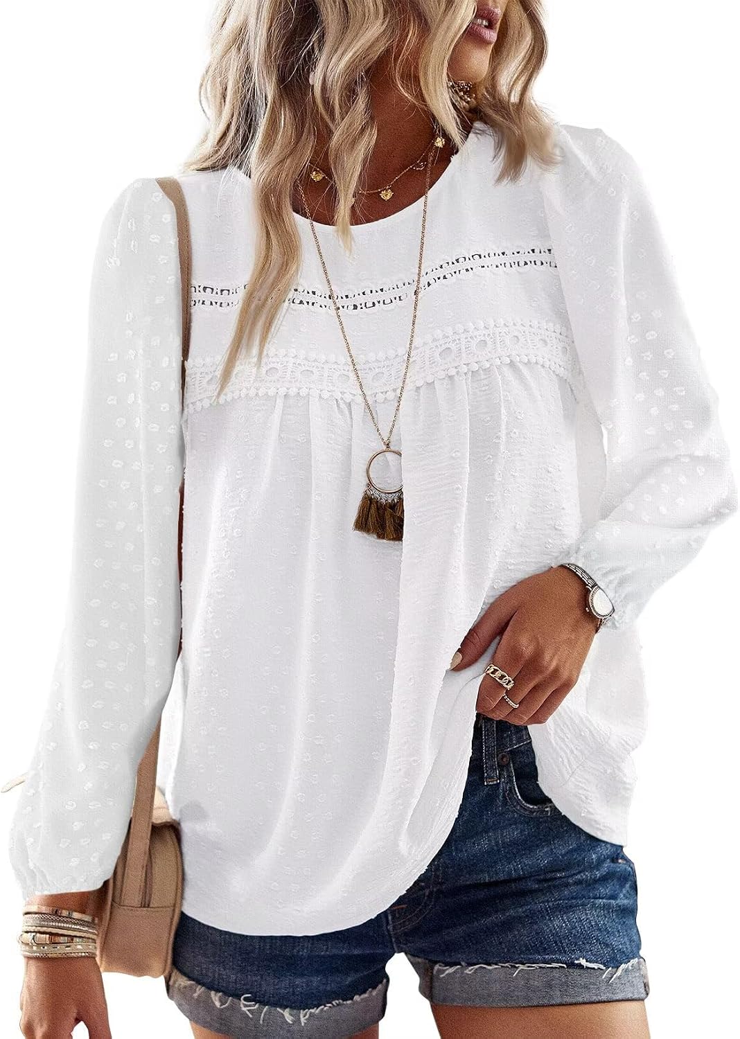 Falechay Boho Tops for Women Long Sleeve Shirts Crewneck Flowy Womens Blouses Dressy Casual Lace Hem Clothing Trendy 2026