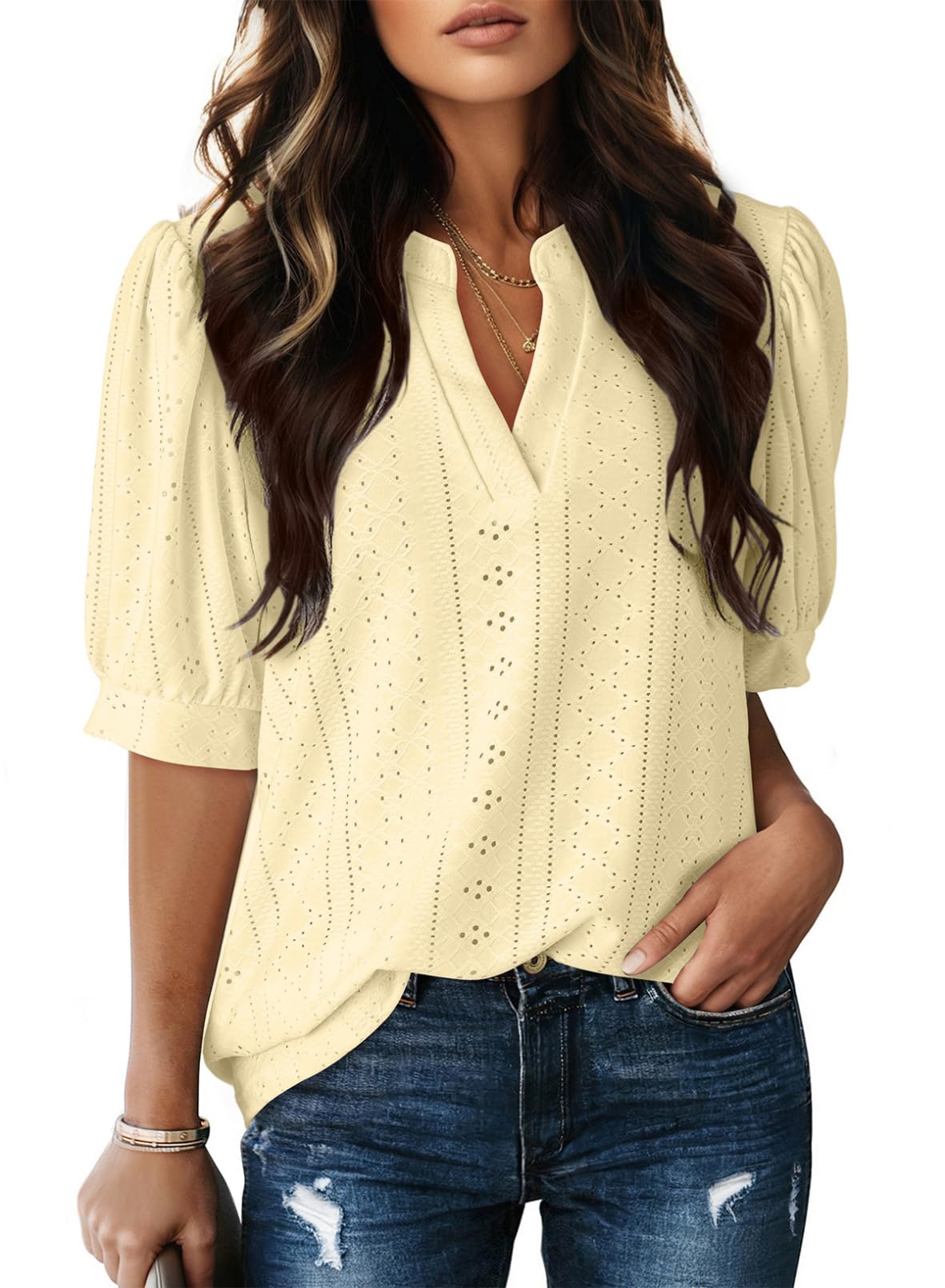 Dokotoo Womens Summer Business Casual Blouses V Neck Short Sleeve Shirts Eyelet Cute Lace Tops