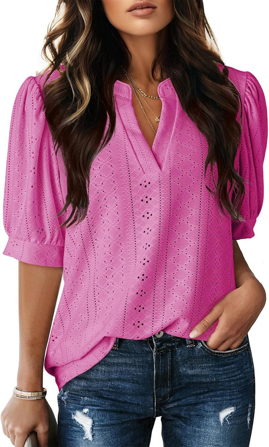 Dokotoo Womens Summer Business Casual Blouses V Neck Short Sleeve Shirts Eyelet Cute Lace Tops