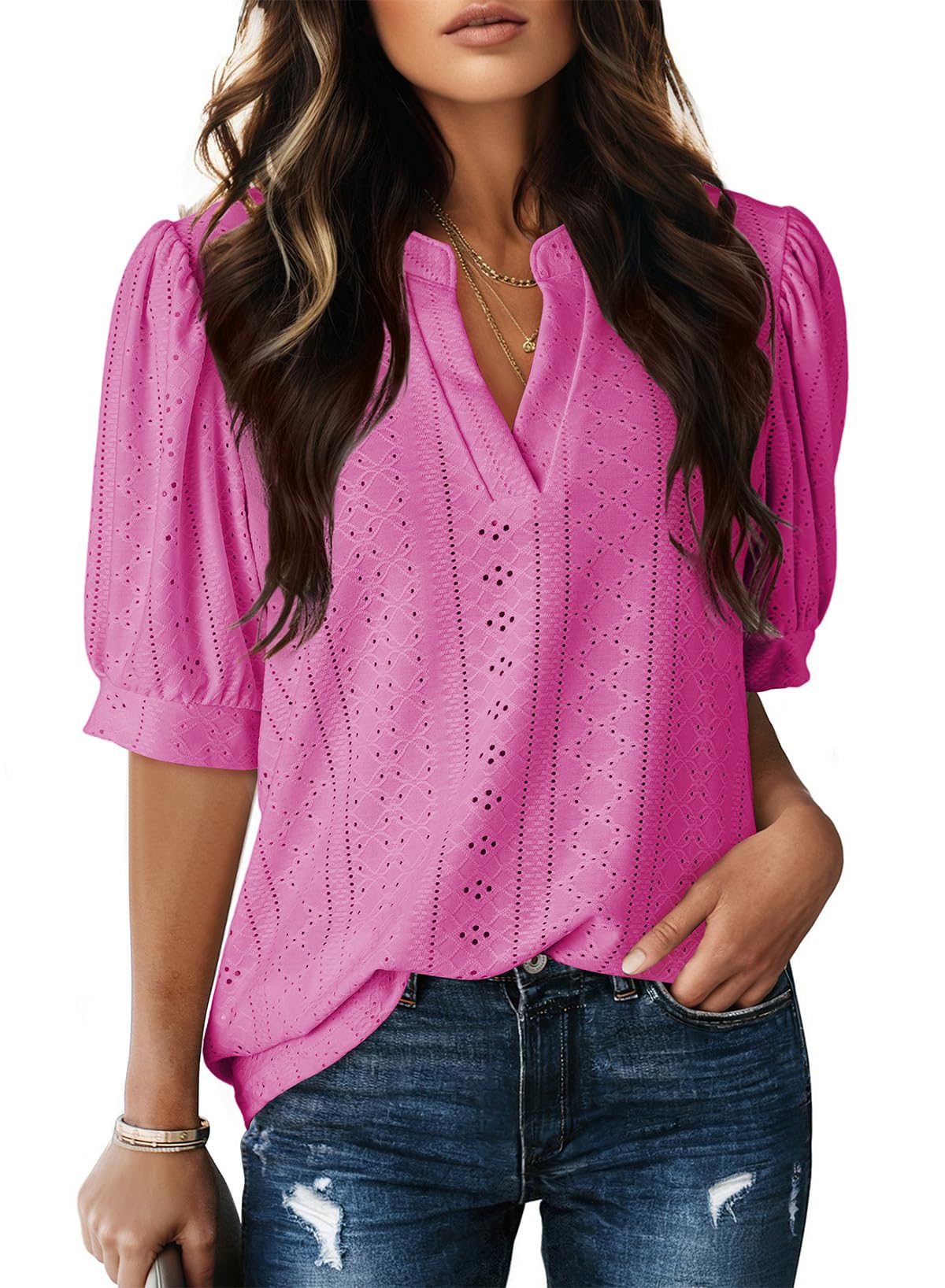 Dokotoo Womens Summer Business Casual Blouses V Neck Short Sleeve Shirts Eyelet Cute Lace Tops