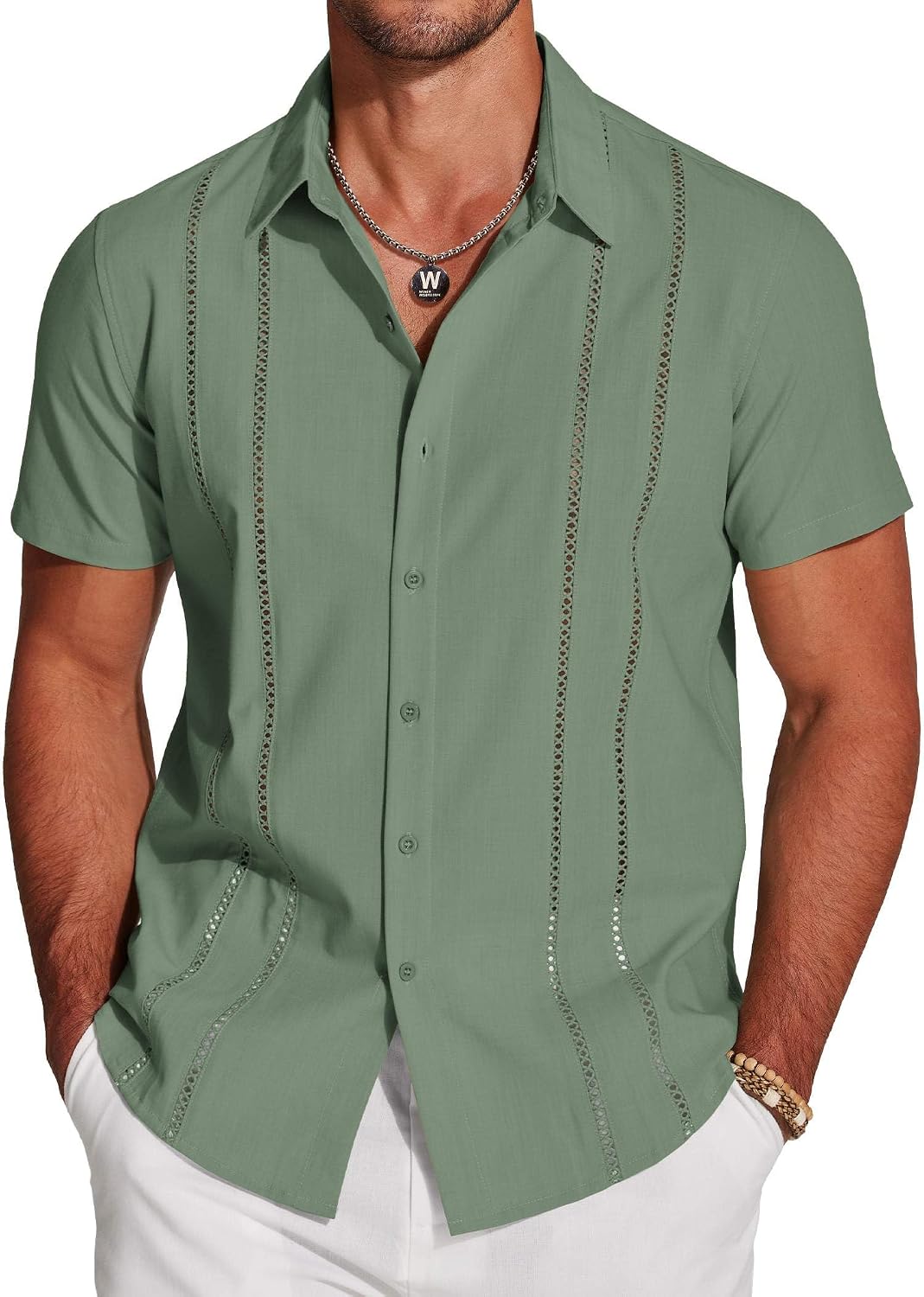 COOFANDY Men's Cuban Guayabera Shirt Short Sleeve Button Down Shirts Casual Summer Beach Linen Shirts