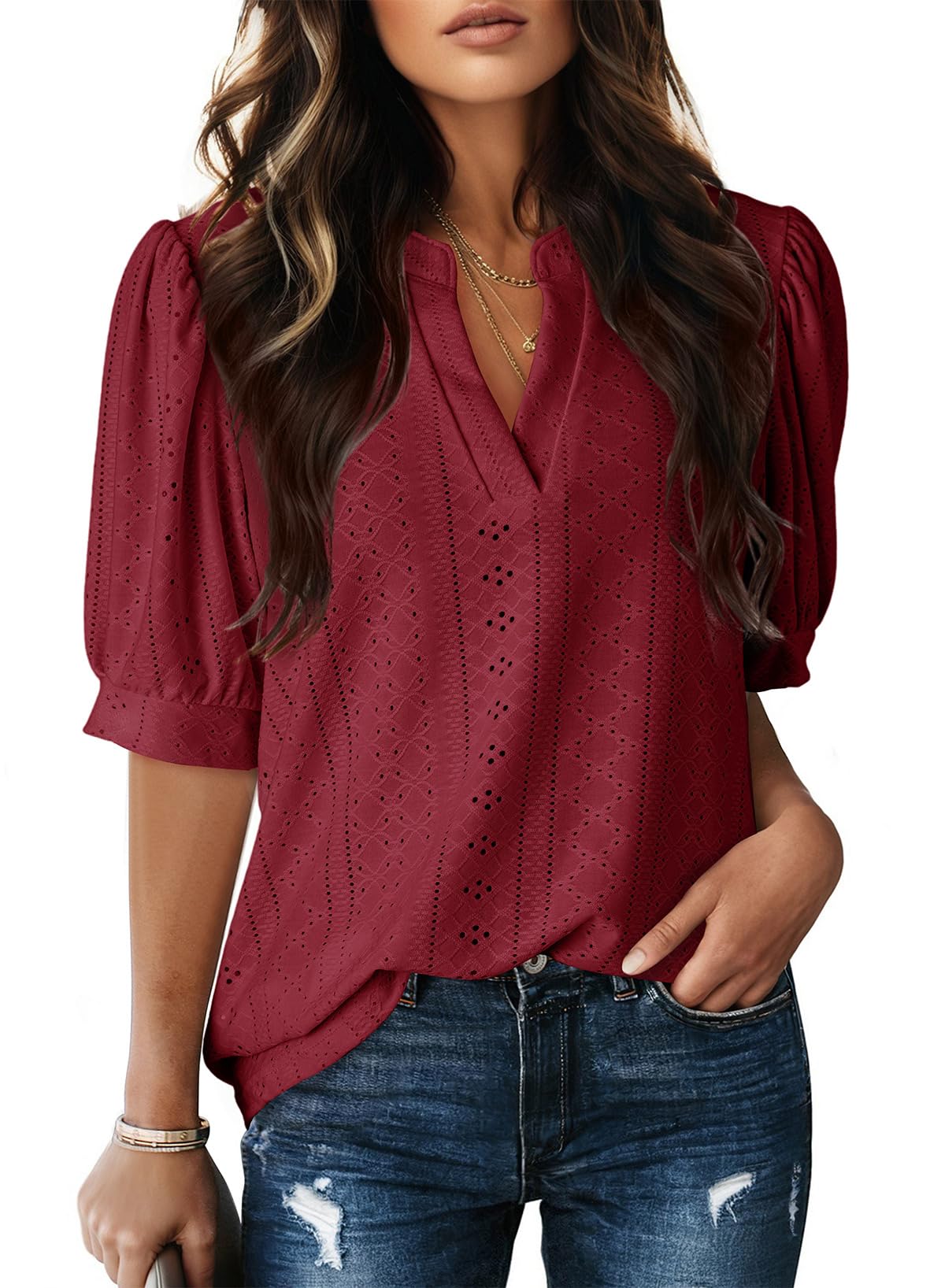 Dokotoo Womens Summer Business Casual Blouses V Neck Short Sleeve Shirts Eyelet Cute Lace Tops