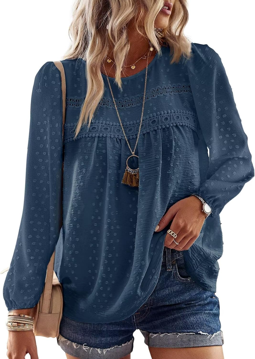 Falechay Boho Tops for Women Long Sleeve Shirts Crewneck Flowy Womens Blouses Dressy Casual Lace Hem Clothing Trendy 2026