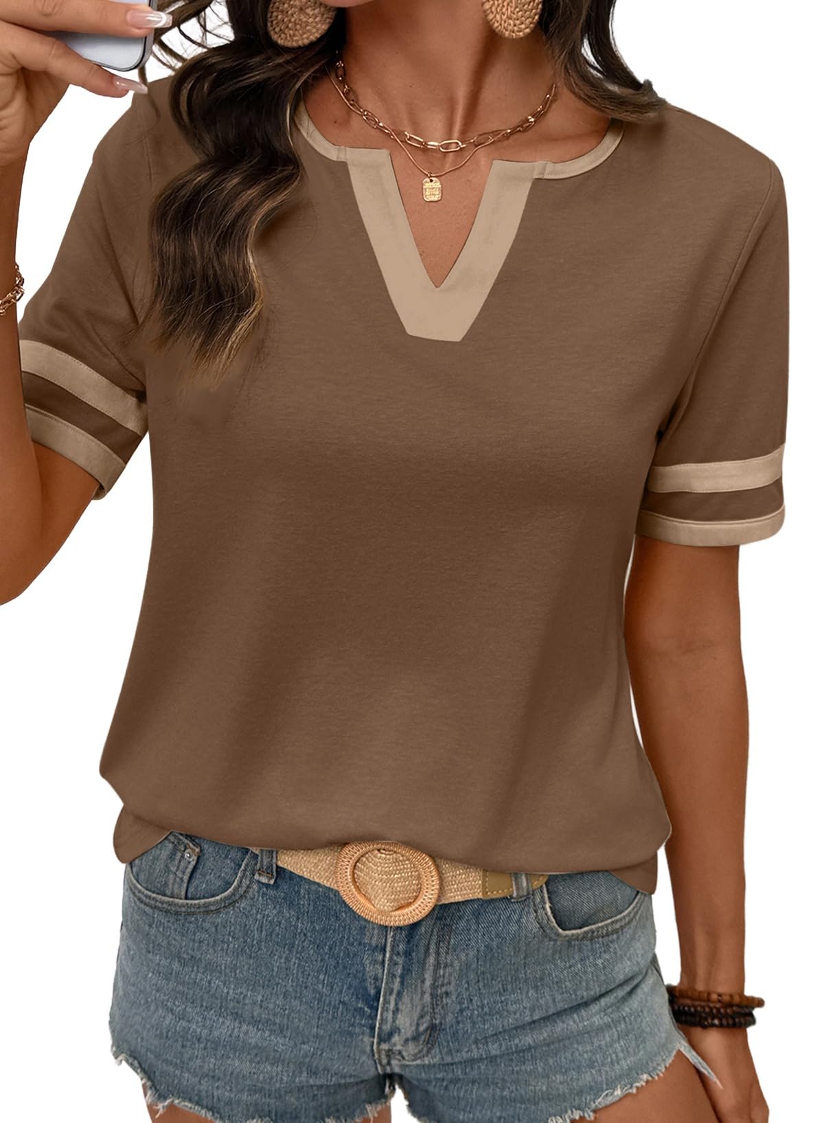 SHEWIN Women's Summer Tops Cotton V Neck Short Sleeve T-Shirts Colorblock Casual Tees 2026 Clothes