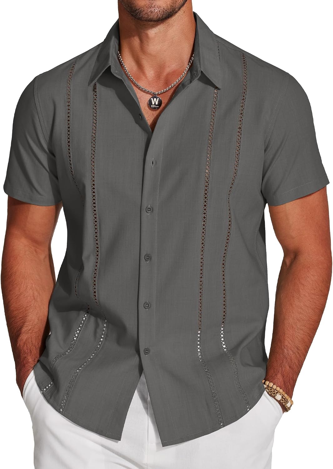 COOFANDY Men's Cuban Guayabera Shirt Short Sleeve Button Down Shirts Casual Summer Beach Linen Shirts
