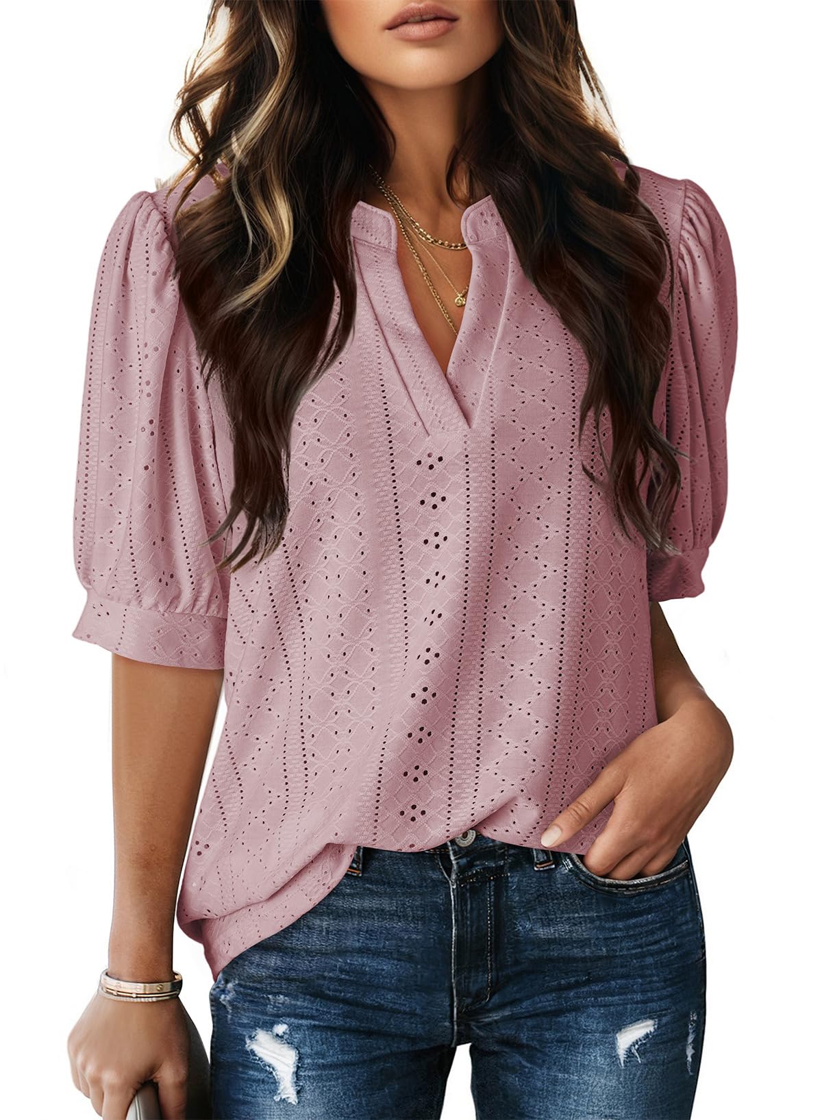 Dokotoo Womens Summer Business Casual Blouses V Neck Short Sleeve Shirts Eyelet Cute Lace Tops