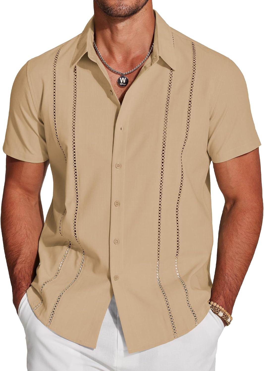 COOFANDY Men's Cuban Guayabera Shirt Short Sleeve Button Down Shirts Casual Summer Beach Linen Shirts