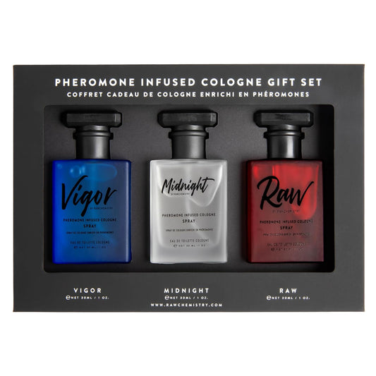 Pheromone Infused Cologne Men Set - Raw Vigor Midnight 3oz by RawChemistry | Premium Perfume for Men, Essential Fragrances, Luxury Perfumes for Men, Perfume Para Hombre, Body Spray for Men, Oil 1oz