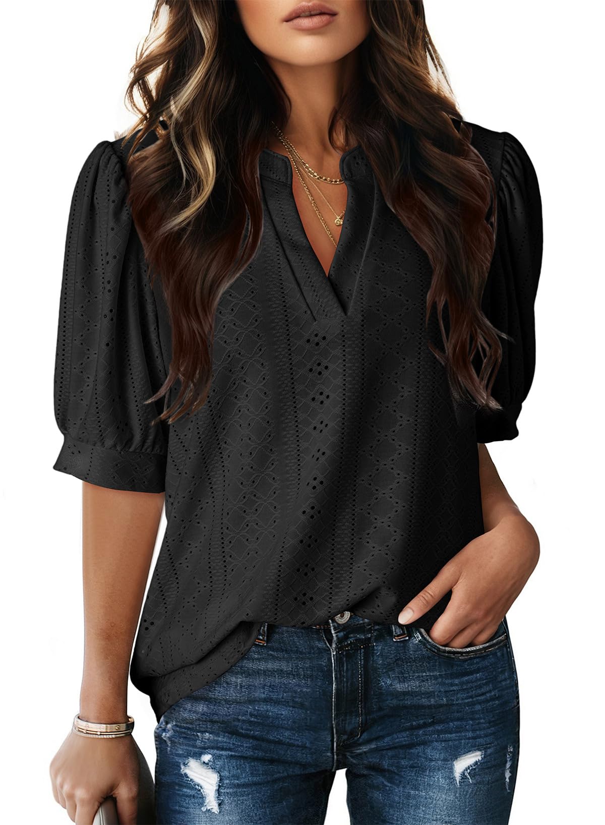Dokotoo Womens Summer Business Casual Blouses V Neck Short Sleeve Shirts Eyelet Cute Lace Tops