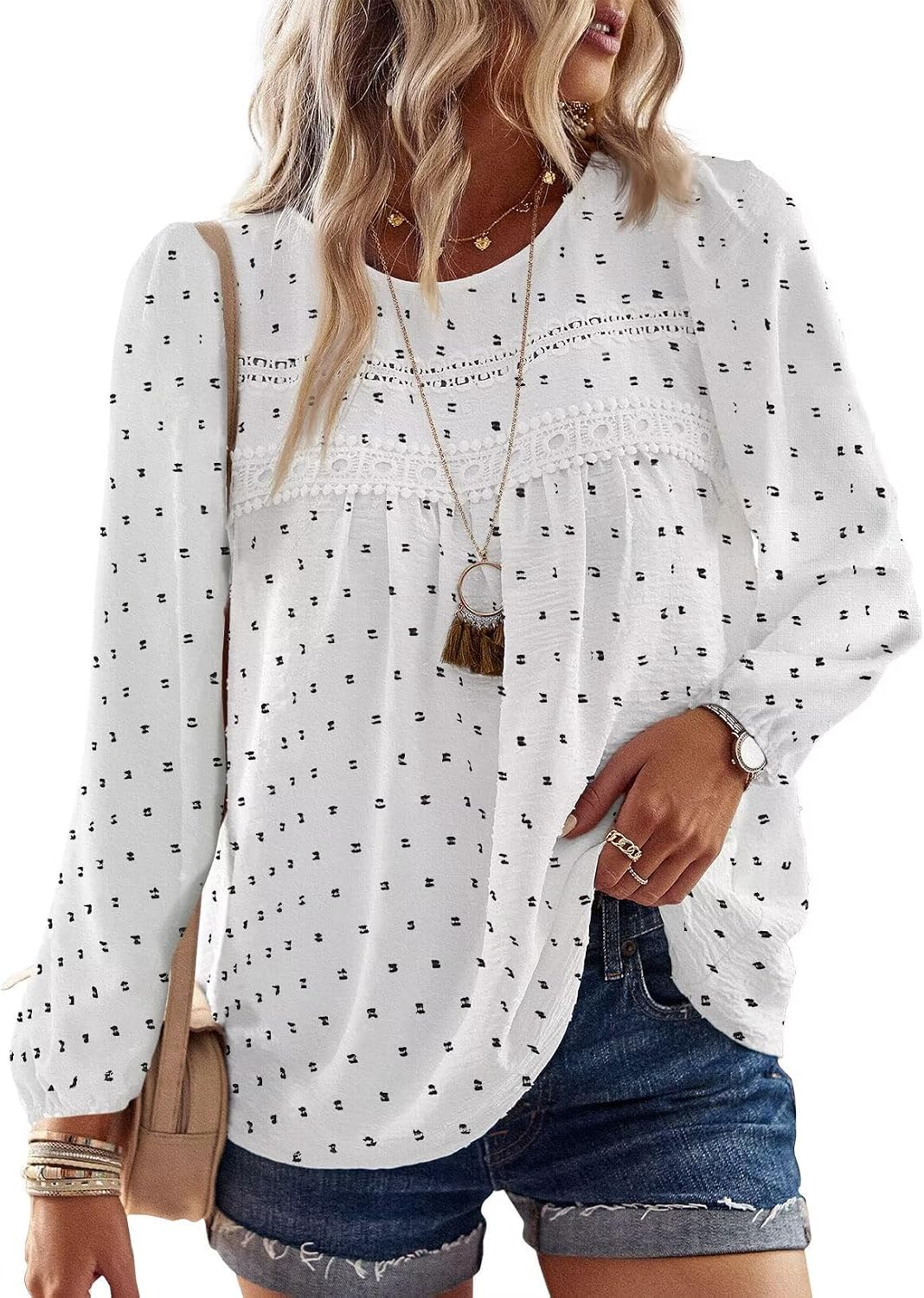 Falechay Boho Tops for Women Long Sleeve Shirts Crewneck Flowy Womens Blouses Dressy Casual Lace Hem Clothing Trendy 2026