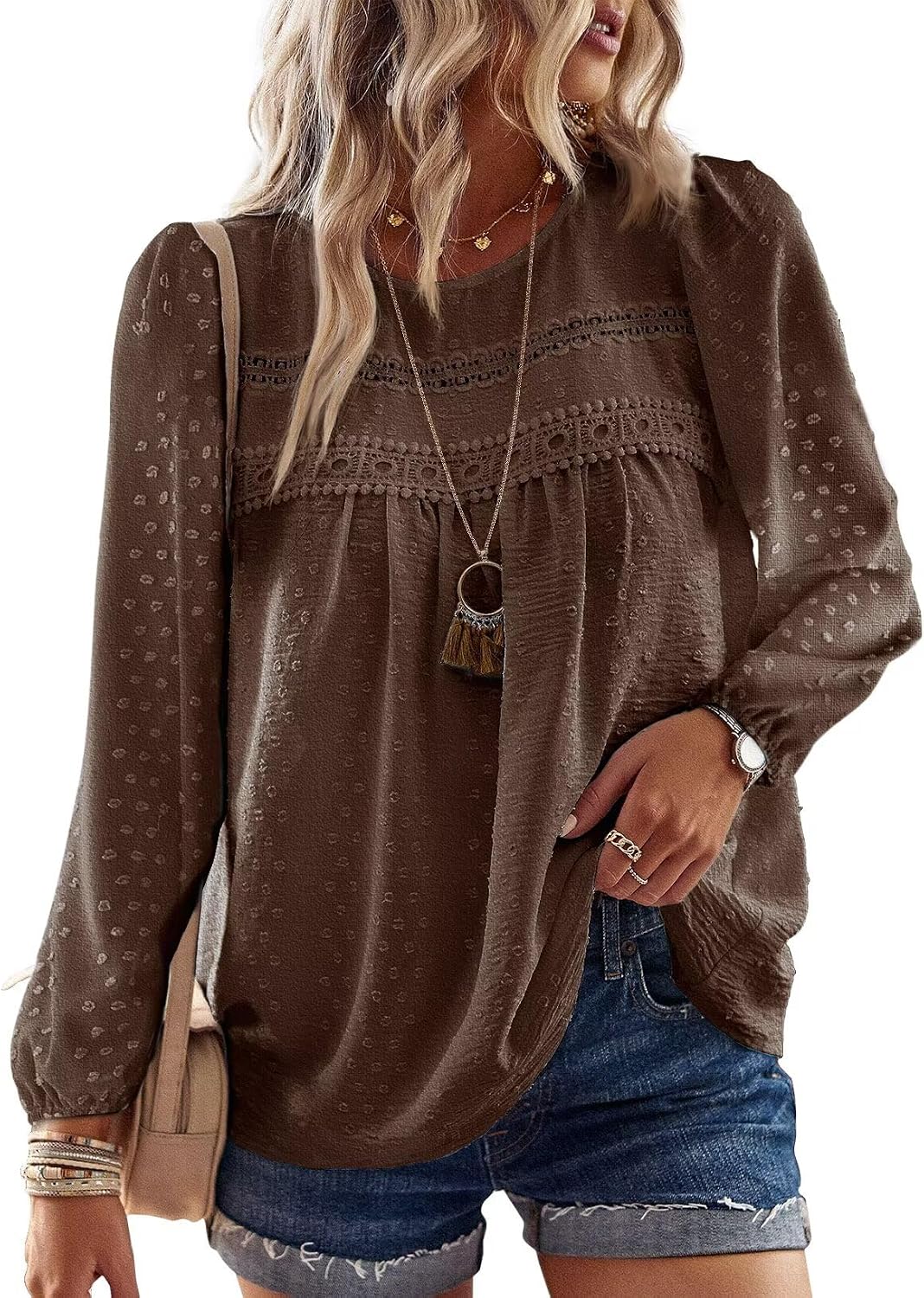 Falechay Boho Tops for Women Long Sleeve Shirts Crewneck Flowy Womens Blouses Dressy Casual Lace Hem Clothing Trendy 2026