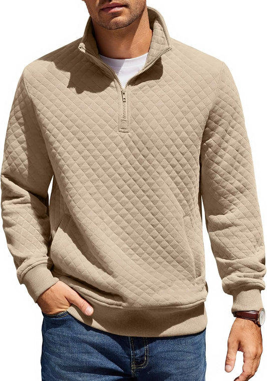 COOFANDY Mens Quarter Zip Pullover Sweatshirt Long Sleeve Mock Neck Sweater | Soft quilted fabric, quarter-zip mock neck, kangaroo pocket, ribbed cuffs; layers easily, machine washable, great gift