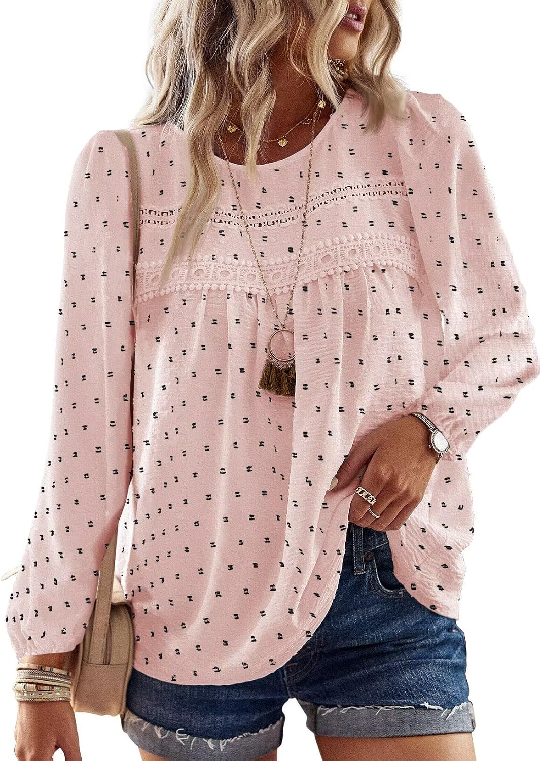 Falechay Boho Tops for Women Long Sleeve Shirts Crewneck Flowy Womens Blouses Dressy Casual Lace Hem Clothing Trendy 2026